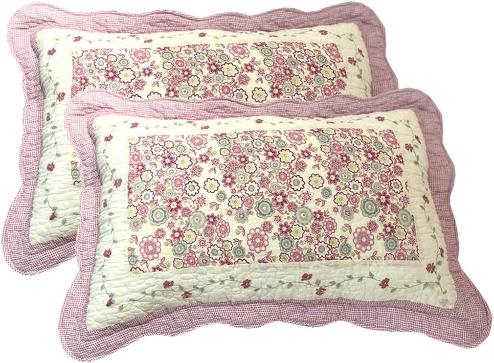 vctops 2 Piece Boho Cotton Quilted Pillow Shams Queen Size Floral Printed Ultra Soft Decorative Pillow Cover Set (Pink,20"x28")