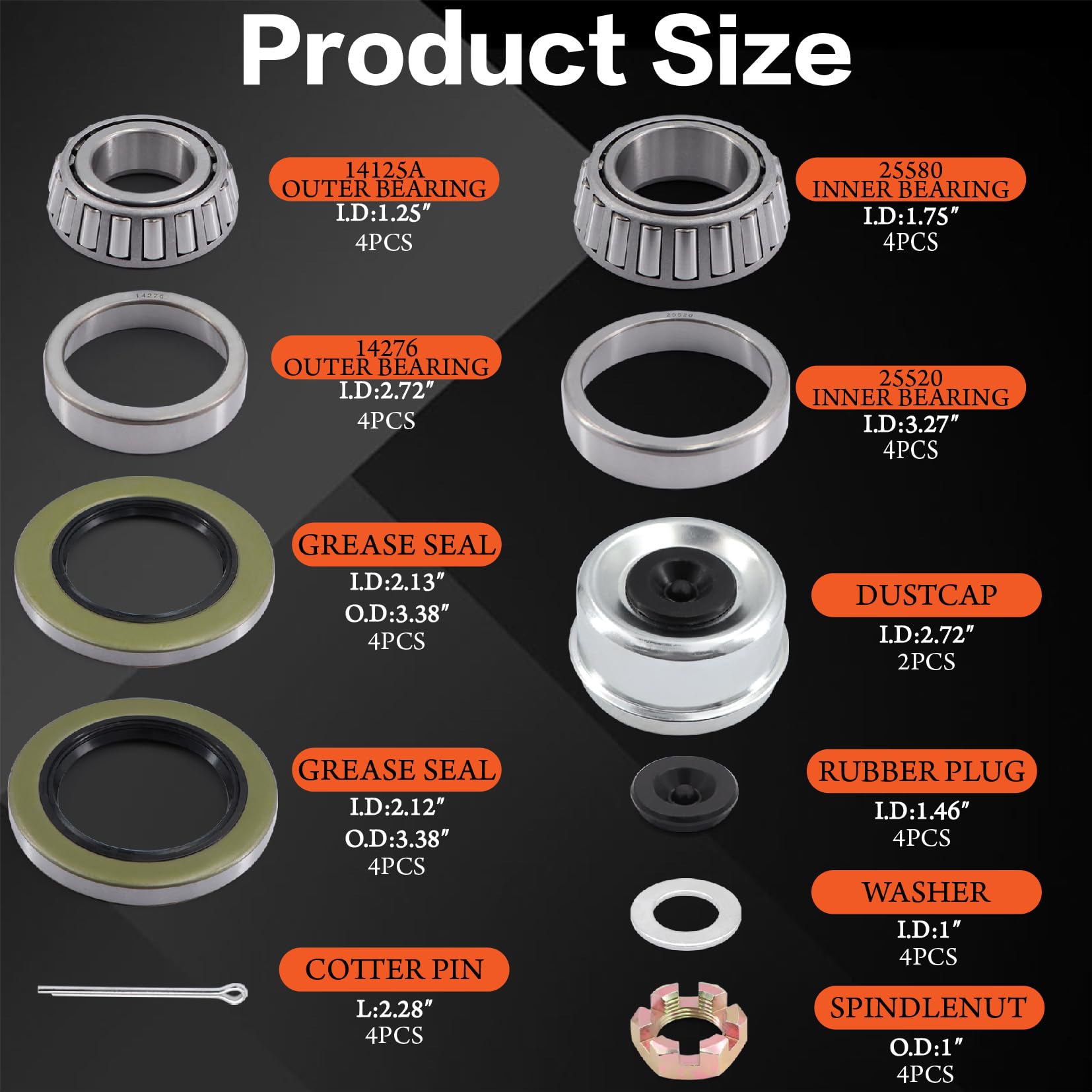 Tuijodaix 25580 14125A Boat Trailer Axles Bearing Kits for 5200-7000 lb.Tandem Axles #D42 Spindle (4 Sets)