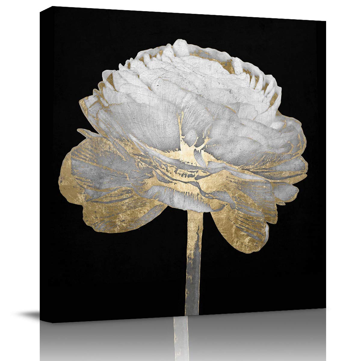 Chucoco Square Oil Painting Pictures Print On Canvas- Side View Black, White and Gold Floral Abstract Wall Art with Framed Ready to Hang, Living Room Kitchen Corridor Bedroom Office Decor 12x12in