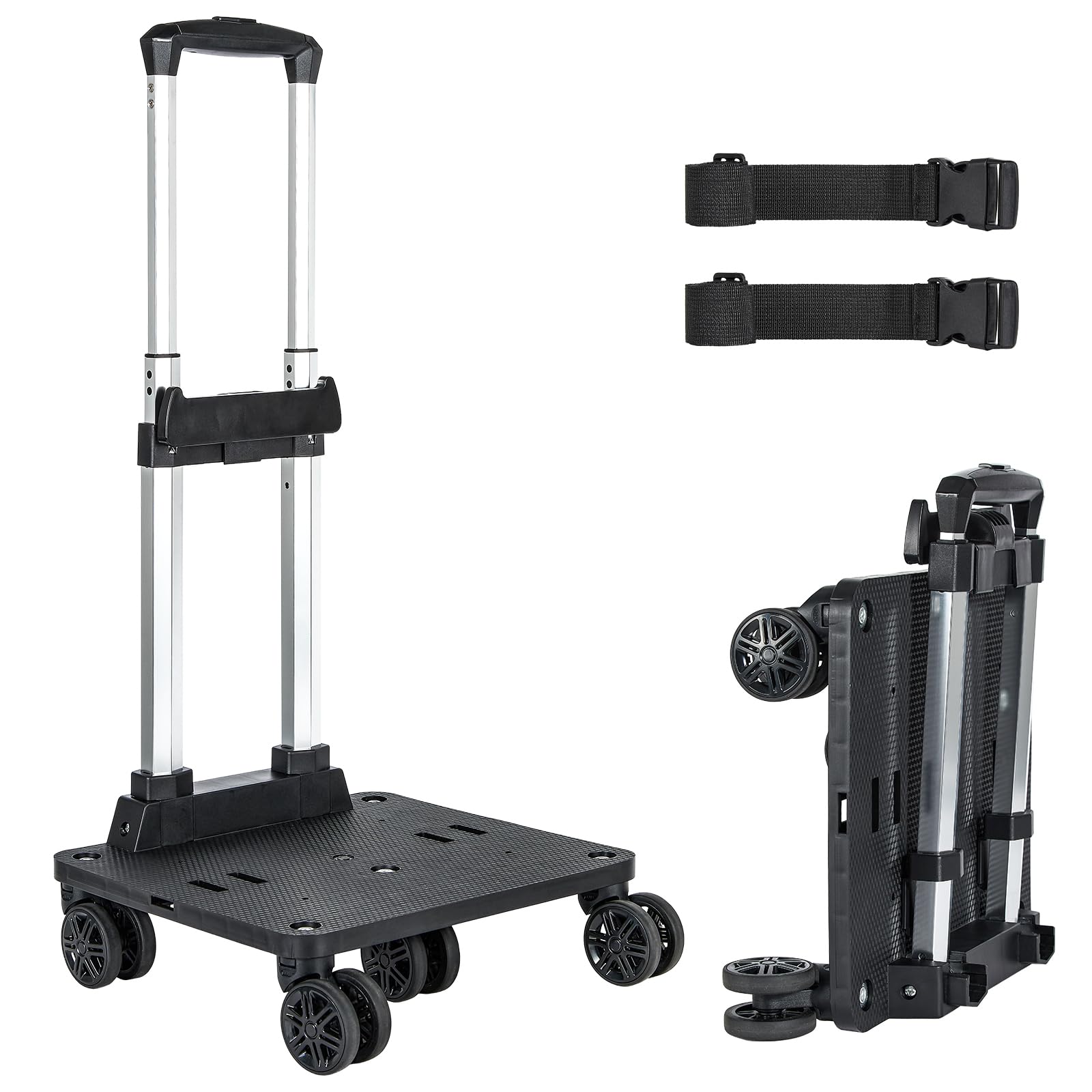 Amythe Chariot pour Sac à Dos, Trolley Scolaire Universel Pliable avec 5 Roues et 2 Sangles de Fixation pour Cartable et Bagages de Voyage, Hauteur Réglable, Noir