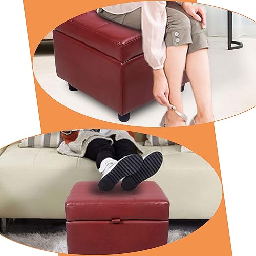 Miniatura 7 de H&B Luxuries Reposapiés cuadrado de cuero capitoné otomano con tapa abatible (rojo con almacenamiento)