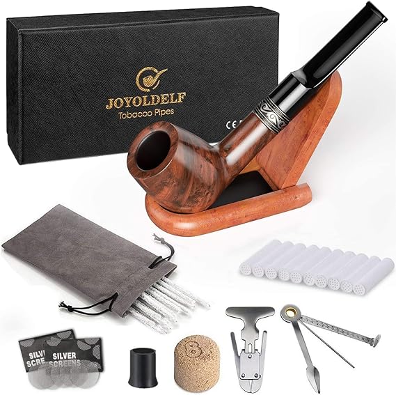 Joyoldelf Tobacco Pipe Straight Smoker, Rosewood Smoking Pipe Set Including Foldable Pipe Stand