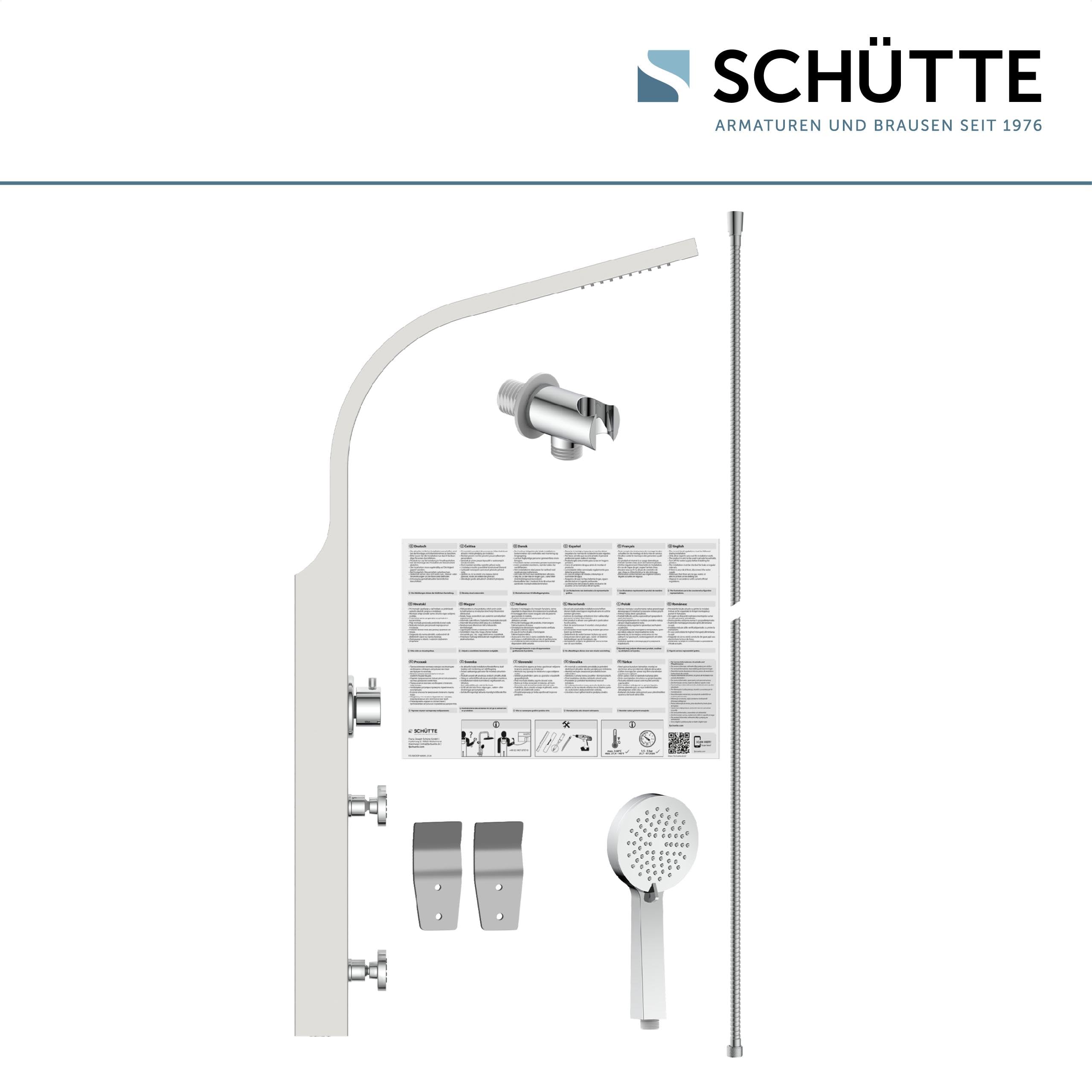SCHÜTTE Sansibar 60085 Panel de ducha de acero inoxidable sin grifo, sistema de ducha con ducha de lluvia, soporte de pared y alcachofa de mano, juego completo de ducha para la ducha