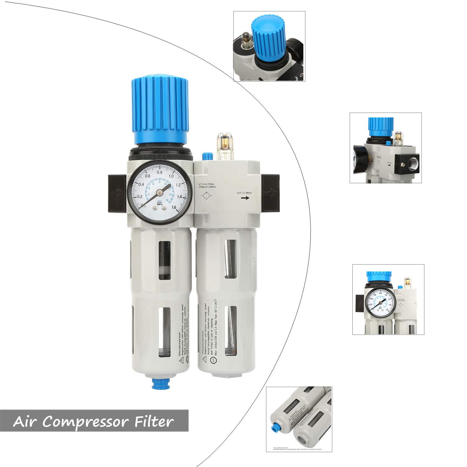 G1/2" Luftkompressorfilter，1-16bar Luftkompressorfilter Öl Wasserabscheider Filter mit Regler Manometer