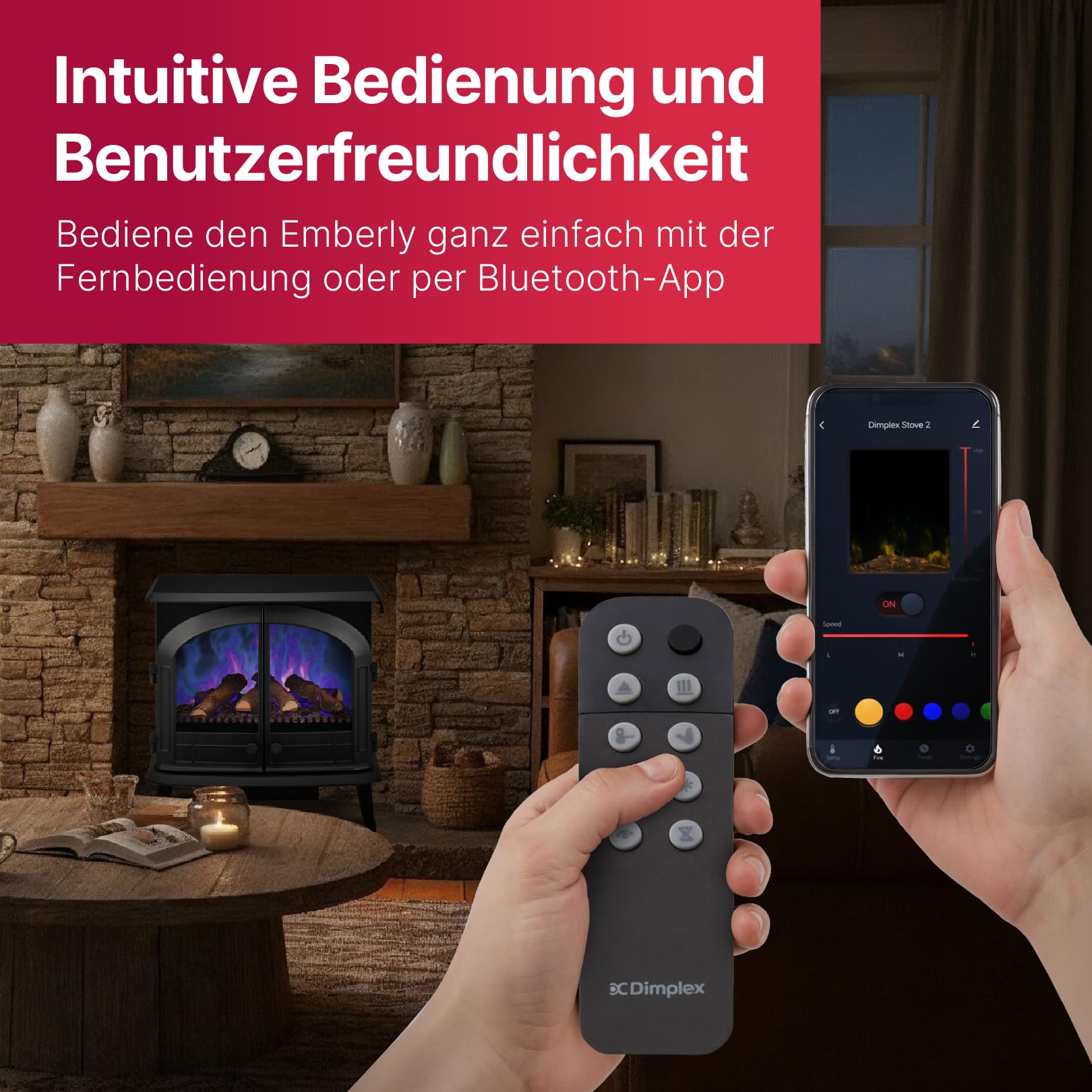 Dimplex Emberly Elektrokamin - 3-Seitiger Elektrokamin mit Heizung & Kaminfeuer - LED Kamin mit Optiflame Flammeneffekt - Zuschaltbarer 2kW Heizlüfter - Inkl. Fernbedienung und App