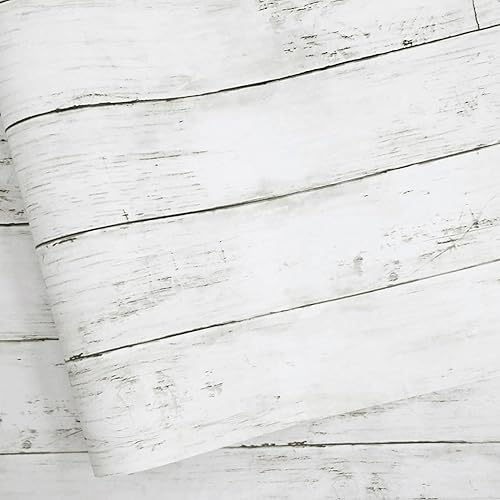 Abyssaly Peel and Stick Wallpaper 17.7" X 118" White Gray Wood Shiplap Contact Paper Self-Adhesive Removable Decorative Wall Covering Vintage Wood Plank Film for Home Decoration