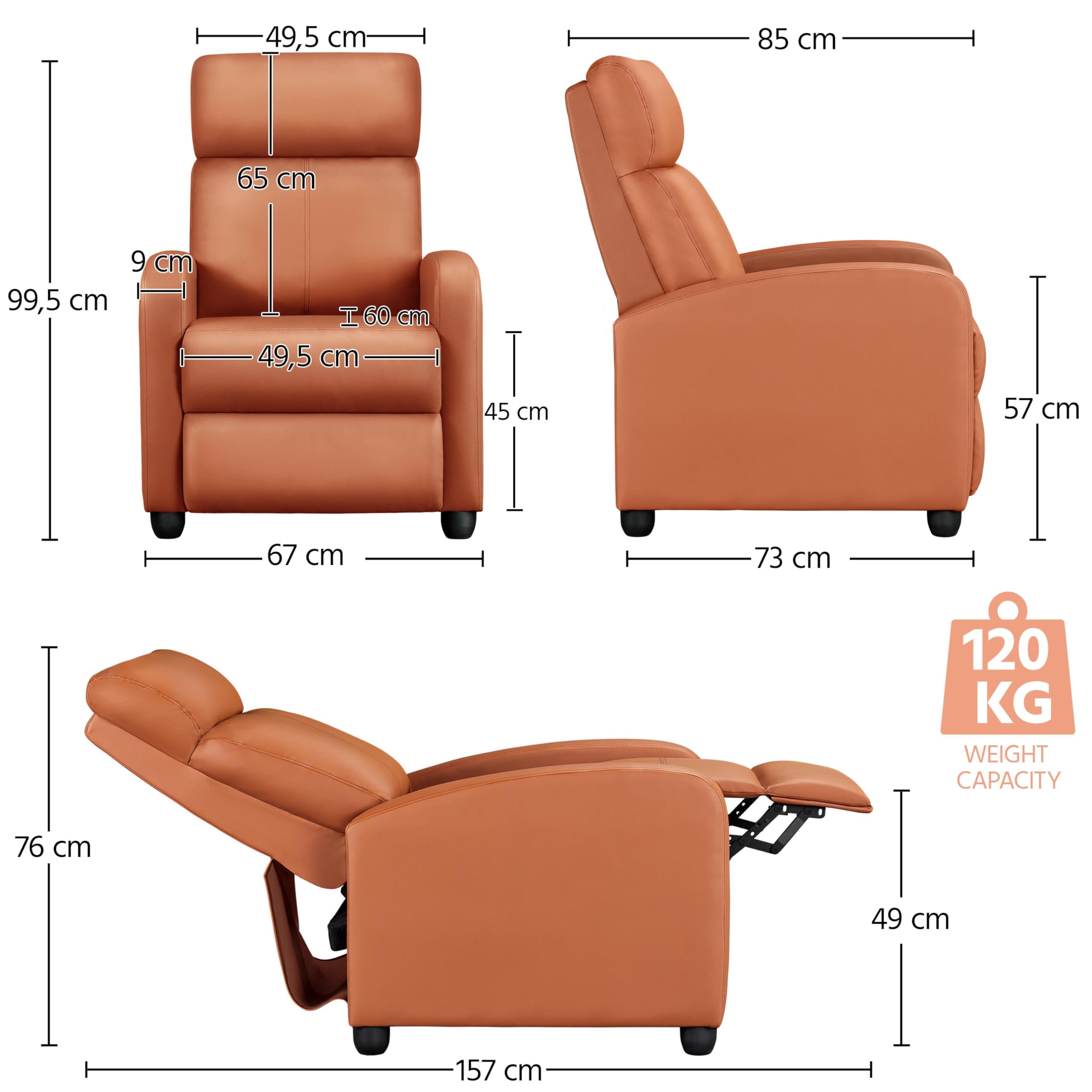 Yaheetech Poltrona relax, poltrona cinema, poltrona recliner, poltrona relax singola, sgabello, divano, poggiapiedi, in ecopelle, marrone chiaro