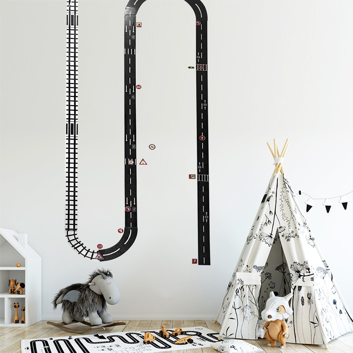 HMCEY 15 Pezzi Nastro Stradale Adesivo,Adesivi Stradali,Nastro Autostrada e Ferroviario,Tape Stradale Giocattolo,Road Washi Tape Set,Pista Adesiva Fai da Te,Nastros Traffico Decorativo per Bambini
