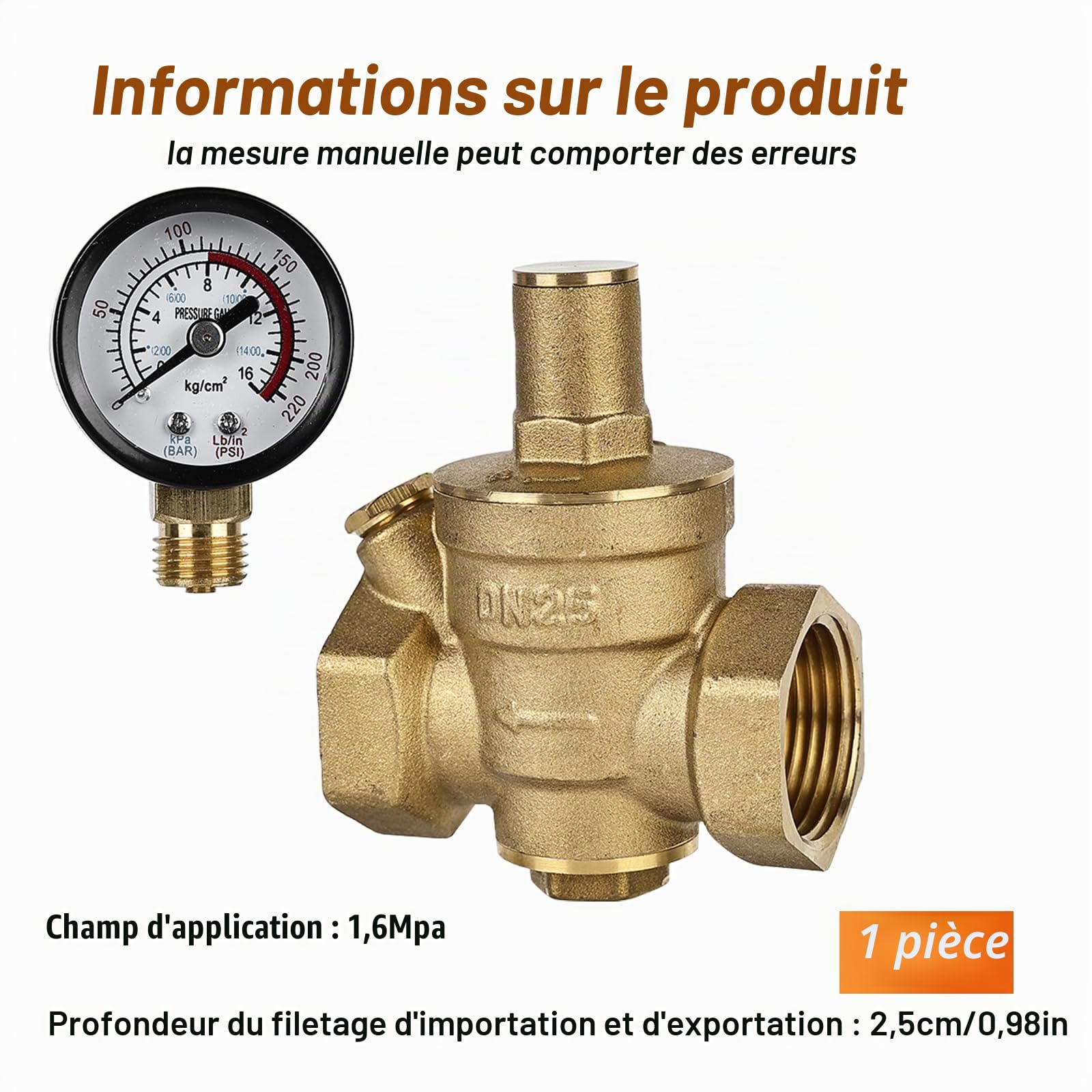 Réducteur de pression d'eau 1" avec manomètre : réducteur de pression d'eau HOMURY DN25, régulateur de pression d'eau réglable, réducteur de pression d'eau, chaudière, réducteur de pression en 100