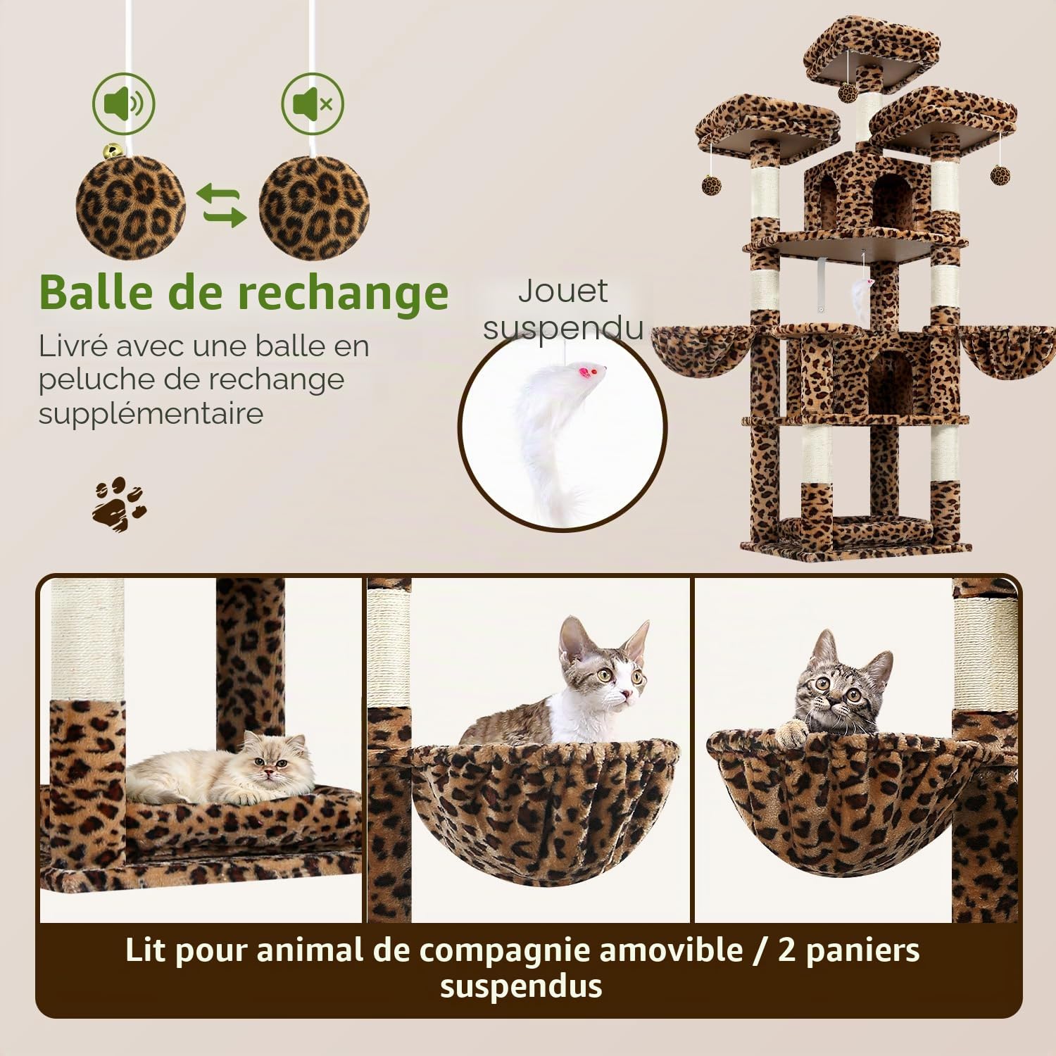 Globlazer Arbre a Chat Léopard 174 cm avec 3 Perchoirs Rembourrés, 2 Niches, 2 Paniers, Amovible Chouchou Lit, Poteau en Sisal, Stable Château Arbres a Chats pour 2-4 Chats Intérieur (F68B, Léopard)