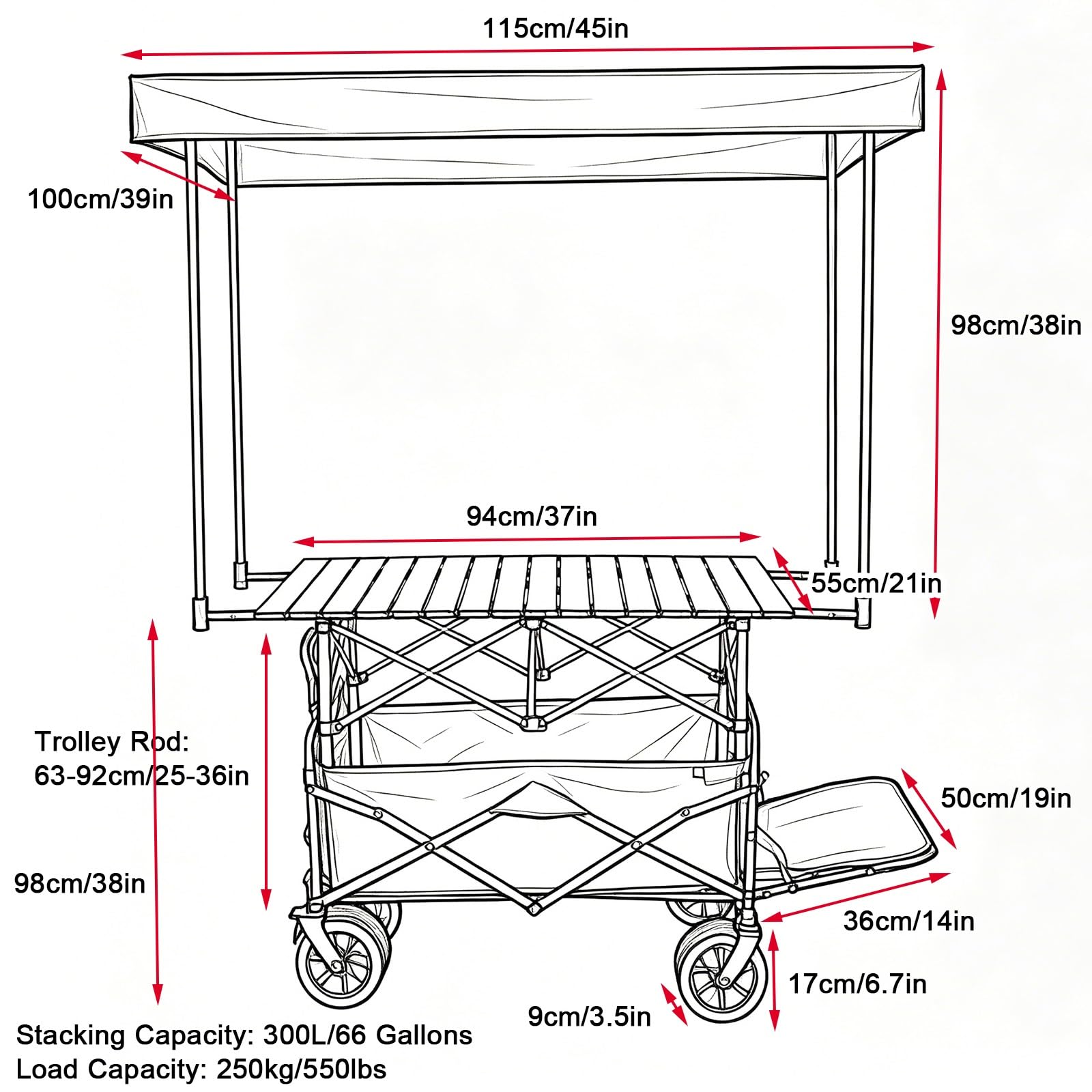 Carrello del venditore all'aperto per il mercato degli agricoltori, pieghevole con baldacchino, ruote e asta di trazione per cibo da strada ed eventi