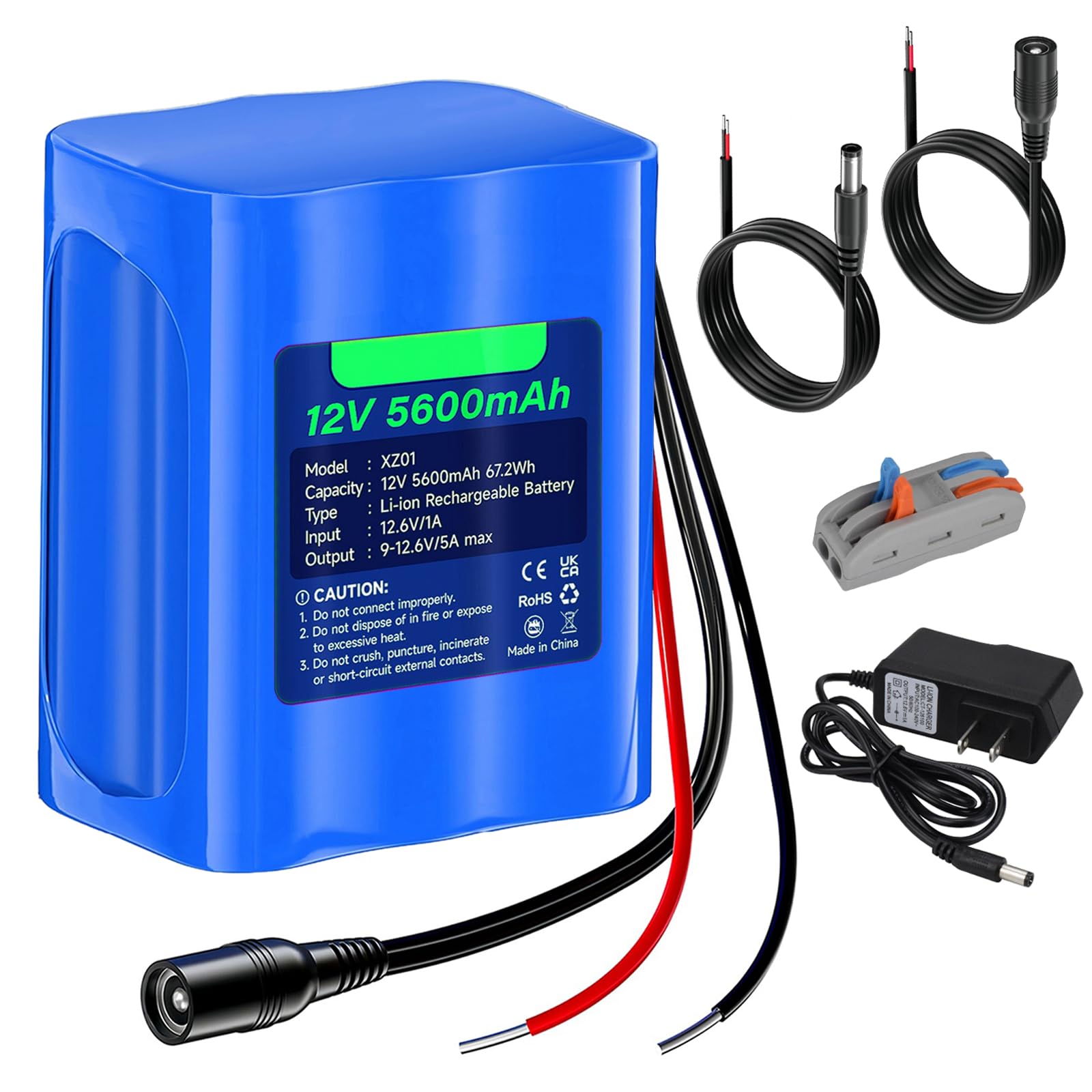 12V 5600mAh Rechargeable Lithium Battery with Charger, Bare Leads Wire Battery Pack Compatible with 12V Devices, DIY Project, RC Car, Robot, Speakers, LED Light Strip, CCTV Camera etc