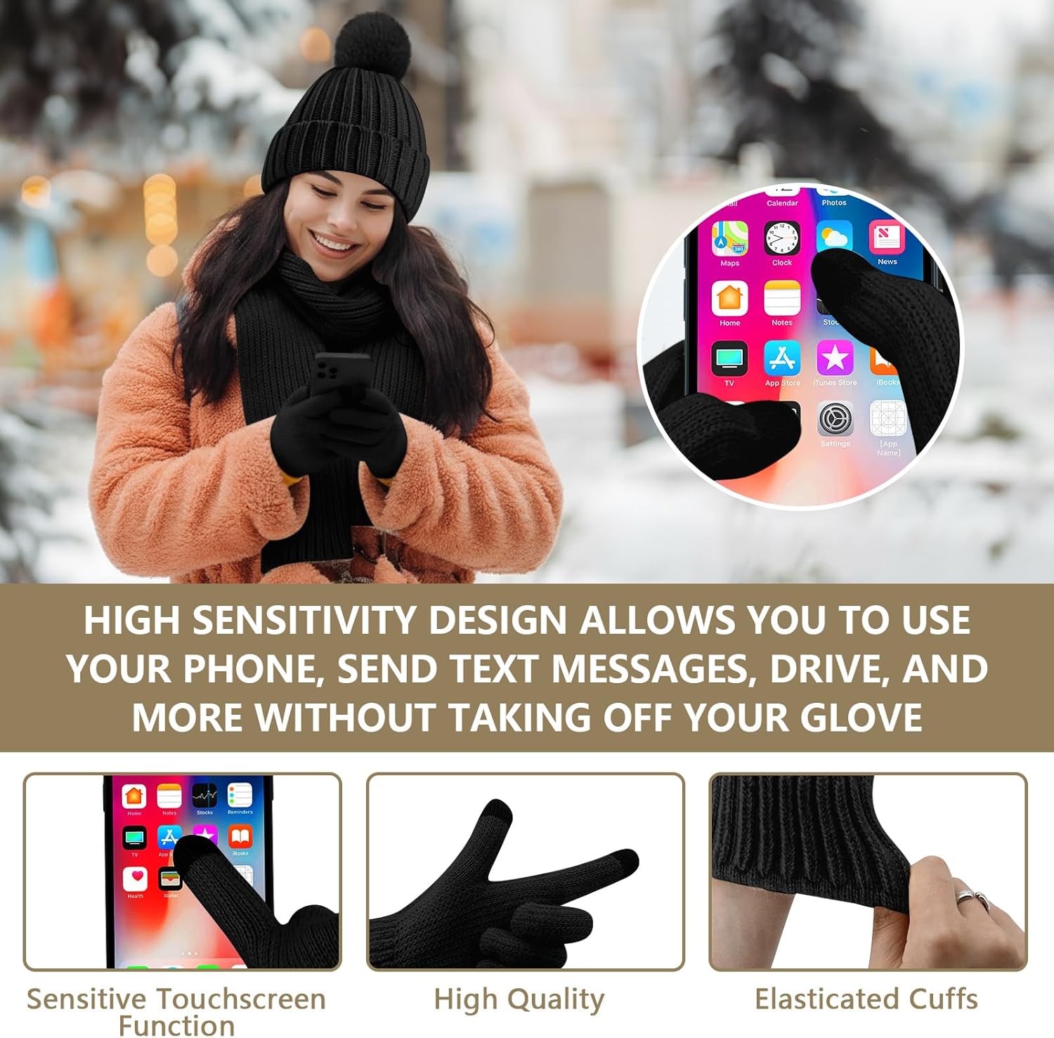 5 Pcs Womens Hat Scarf Gloves Set Winter Beanies Ear Muffs Touch Screen Gloves Knit Fuzzy Fleece Skull Cap Gifts - Image 3