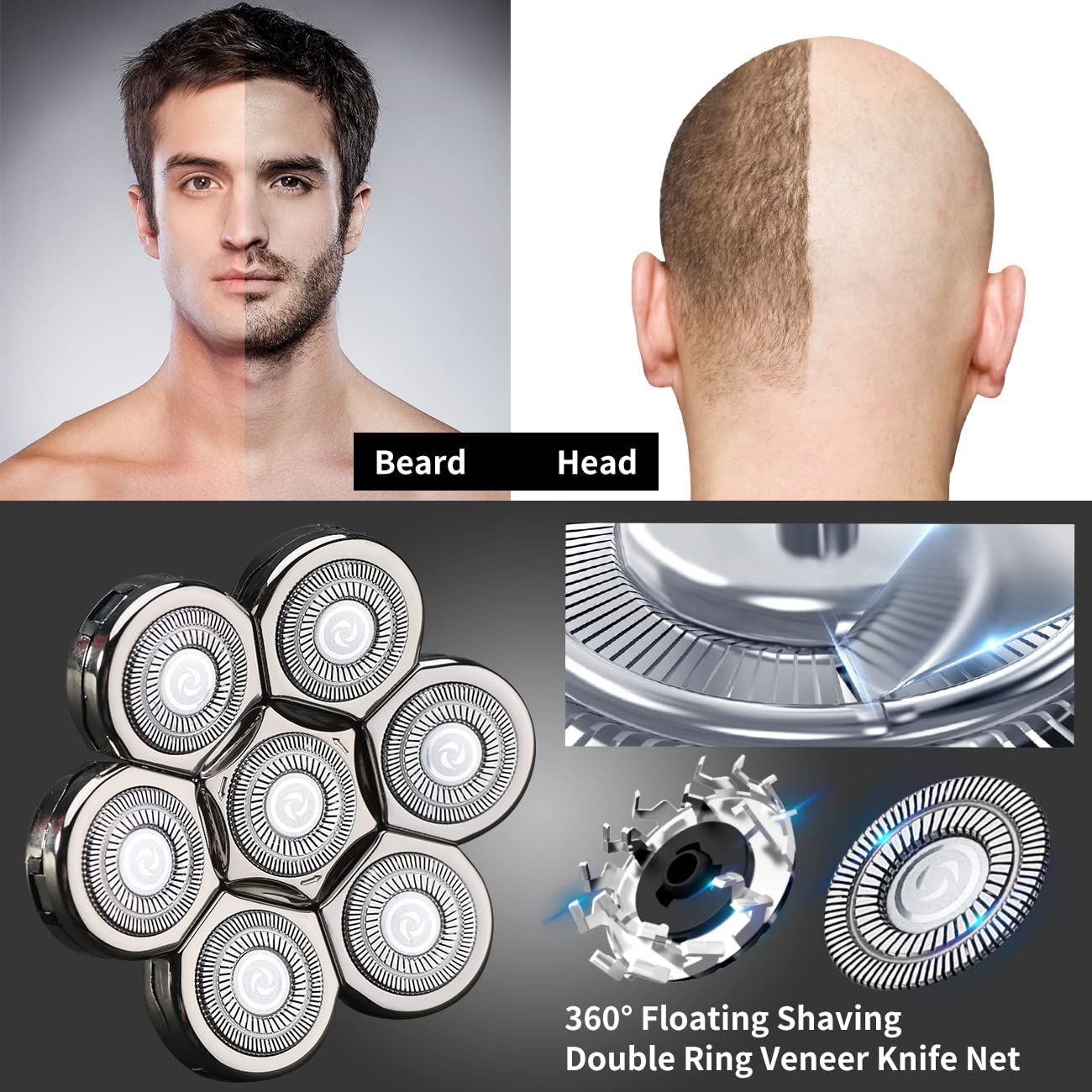 Tête Rasoir têtes,LOEVERY Rasoir électrique Flottant Barbe 7 Têtes pour Homme avec un Rasage Propre,Universel Double Anneau Lame Rasage Remplacement Durable Rapide pour Rasoir électrique 5 6 7