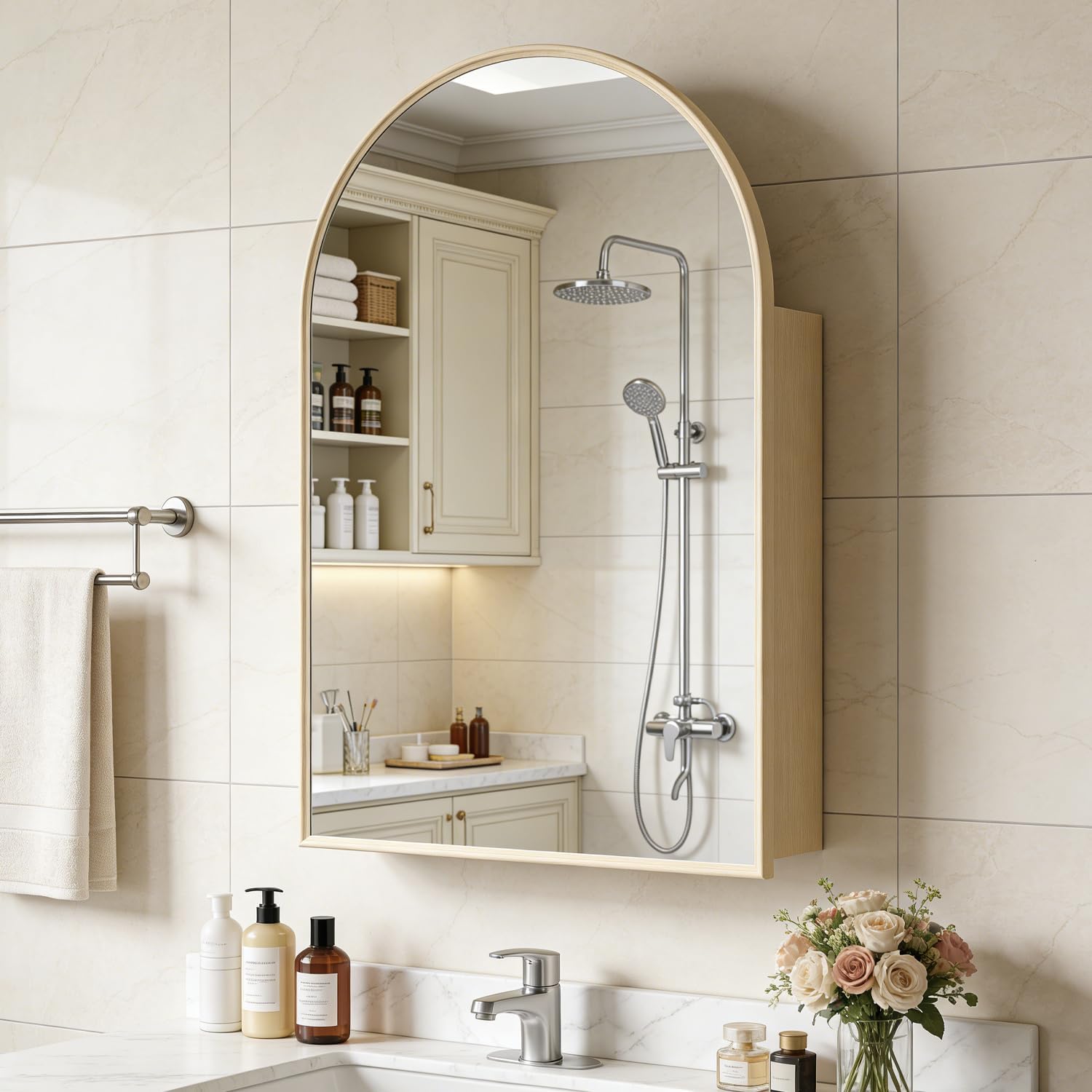 Full Aluminum Wood Grain Mirror Medicine Cabinet Wall-Mounted, Arched Mirrored Cabinet for Bathroom Vanity Storage with Adjustable Shelves, Natural Oak,24x36 Inch
