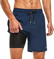 HODOSPORTS Men's 7" Quick Dry Swim Trunks with Compression Liner, Zipper Pockets - S-6XL Swimming Shorts