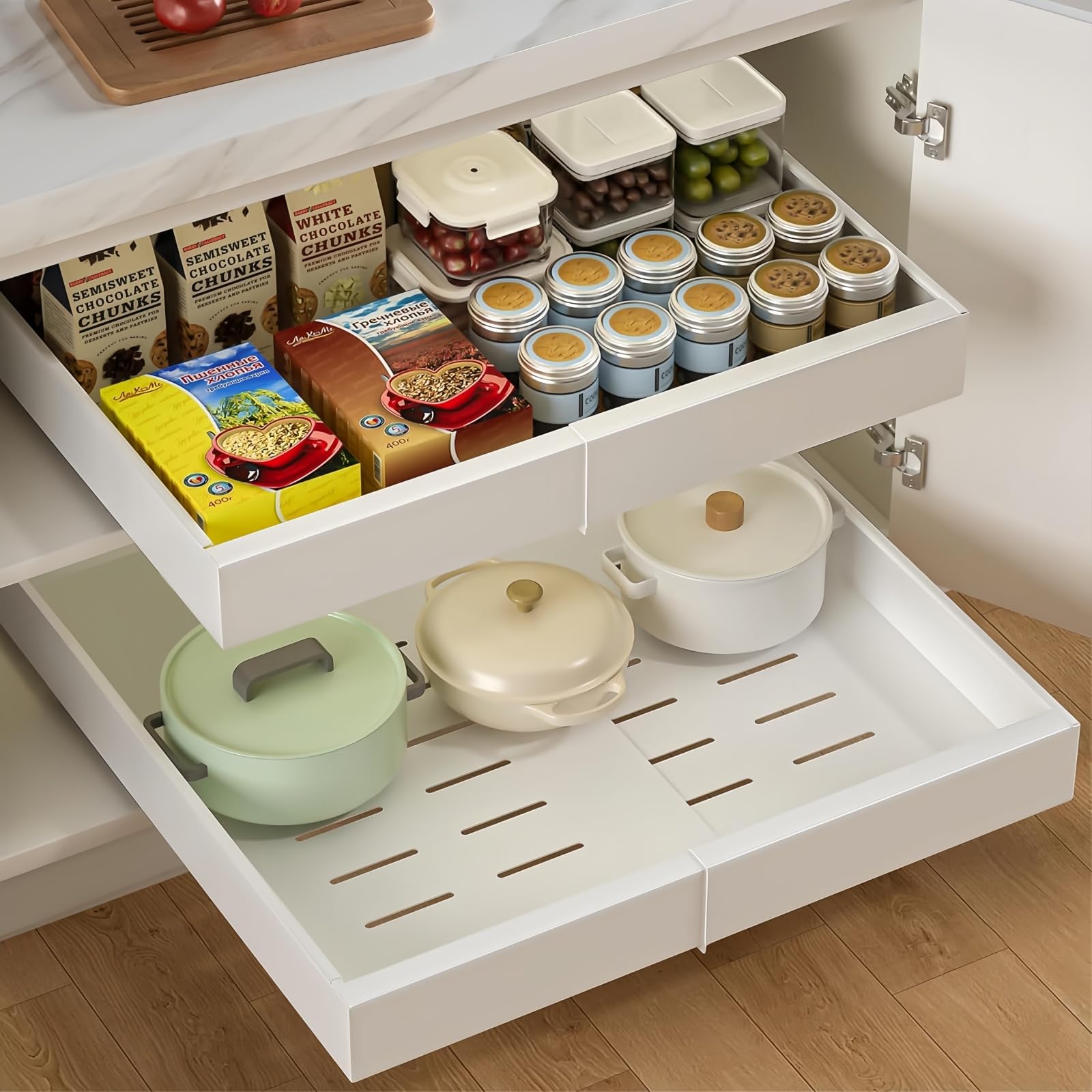 Teleskopschublade Küche Ausziehbare Schublade,Nachrüsten Schubladeneinsatz,Ausziehbarer Schrank Organizer,Küchenschrank Verstellbare Breite,Erweiterbar Ausziehbare Schublade,32-52x42x7.5cm (Weiß 2PC)
