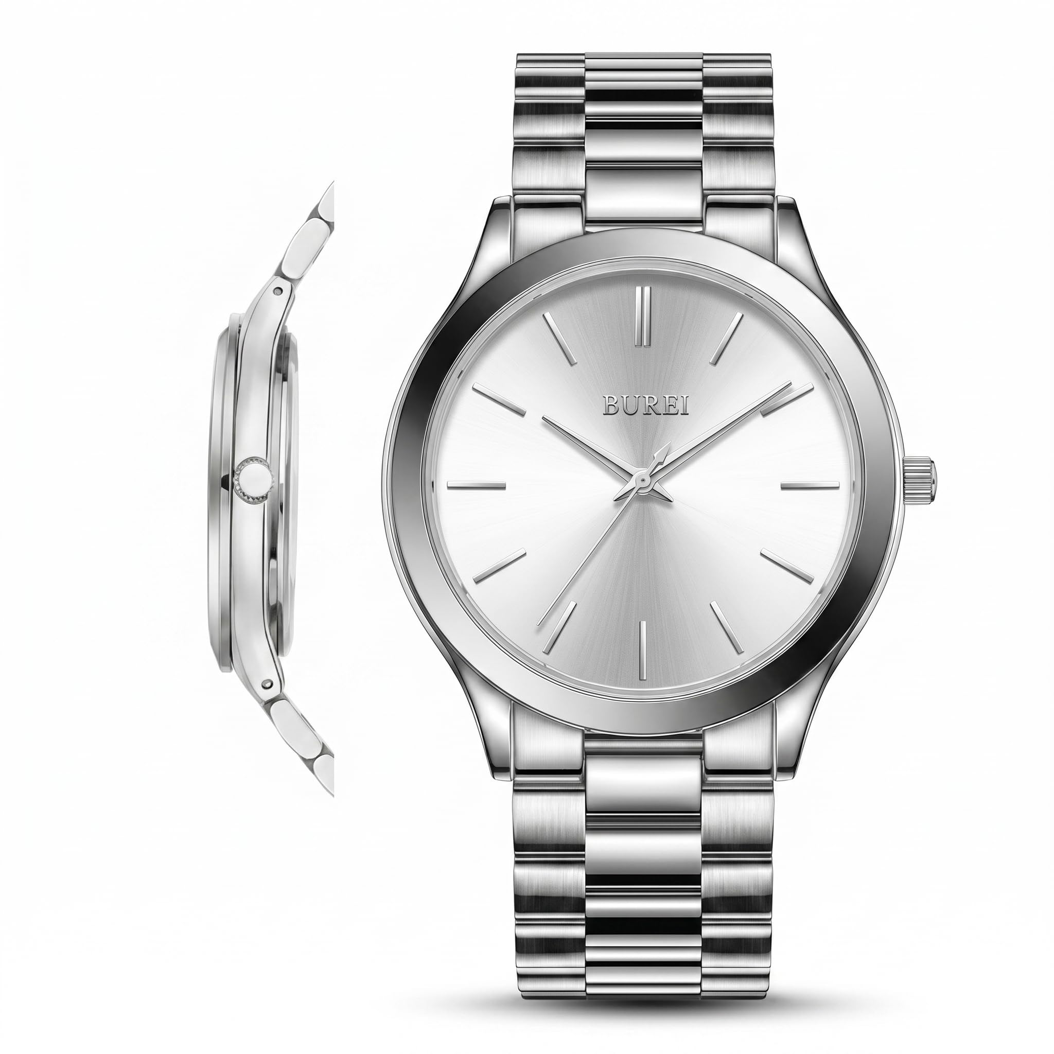 BUREI Reloj analógico de Cuarzo para Hombre, de Acero Inoxidable, para Negocios, Casual, Moderno, Minimalista, para Hombre