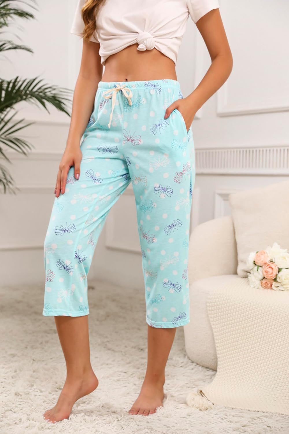 PNAEONG 3 Pack Women Pajama Pants Capri Length Drawstring Pj Bottoms Sleep Lounge Pants with Pockets S-3XL - Image 5