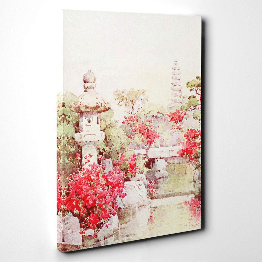 Ella Du Cane Japanese Oriental Azaleas, Kyoto Canvas Print | Gallery Wrapped 30mm Frame Wall Art | 30x20 inches | Ready to Hang | Asian Picture | Living Room Bedroom Lounge Office