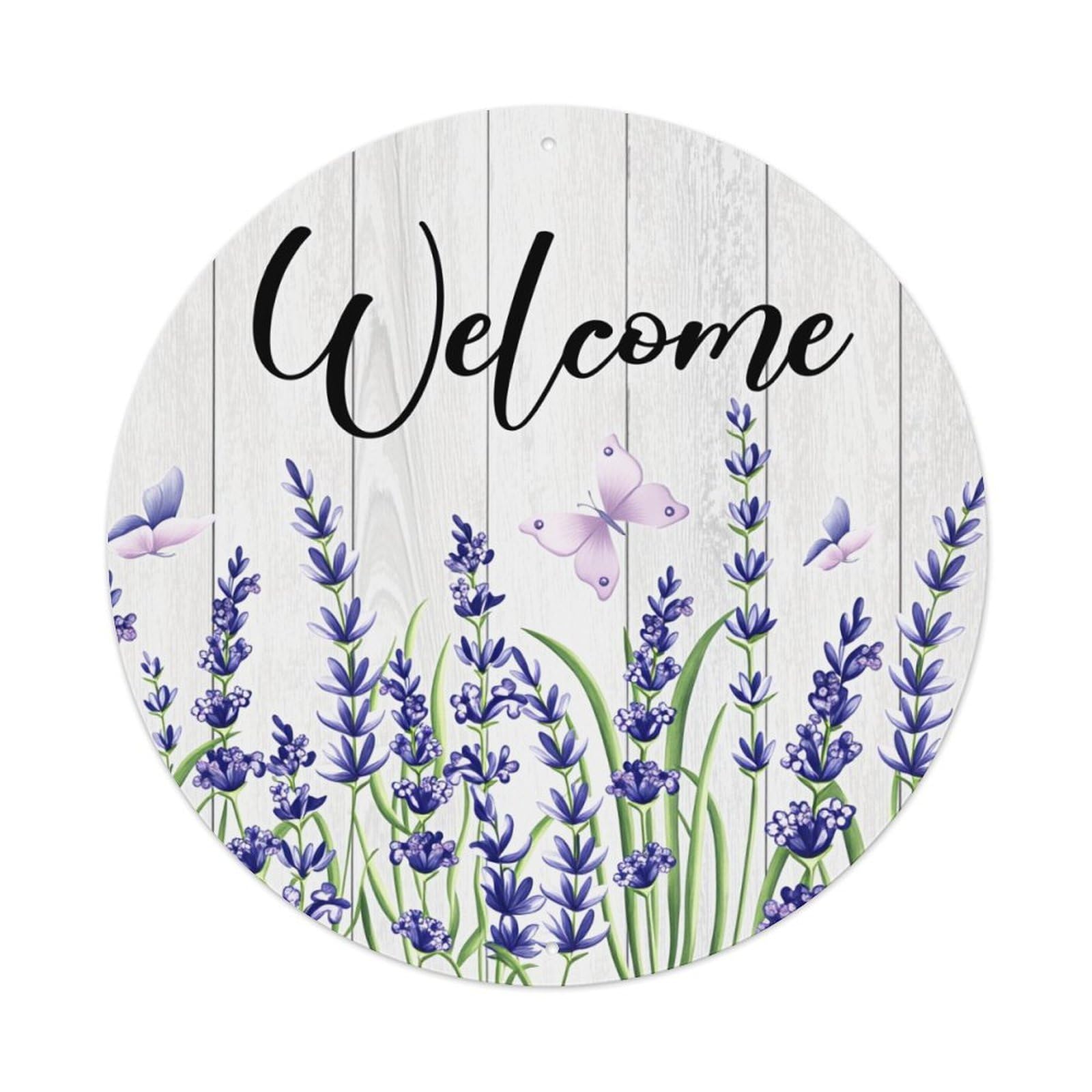 Welcome Lavender Butterflies Wood Pattern Round Metal Tin Sign Vintage Wall Decor, Bar Garage Cafe Kitchen Home Wall Art Poster 8x8inches
