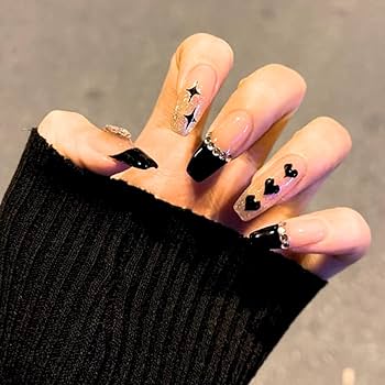 Amazon | UMAKER ネイルチップ 黒 韓国 バレリーナ ロング ネイル