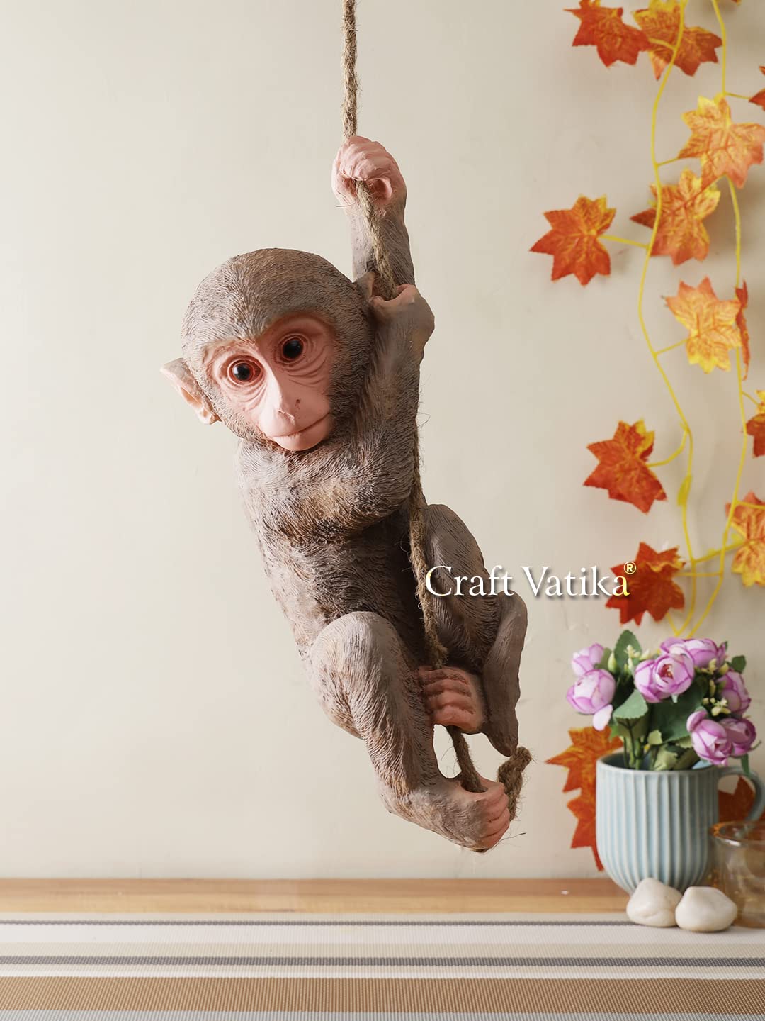 CraftVatika Polyresin Monkey Hanging Figurine for Garden in Out Door Home Decor Showpiece, Brown, (15 Inches Height)
