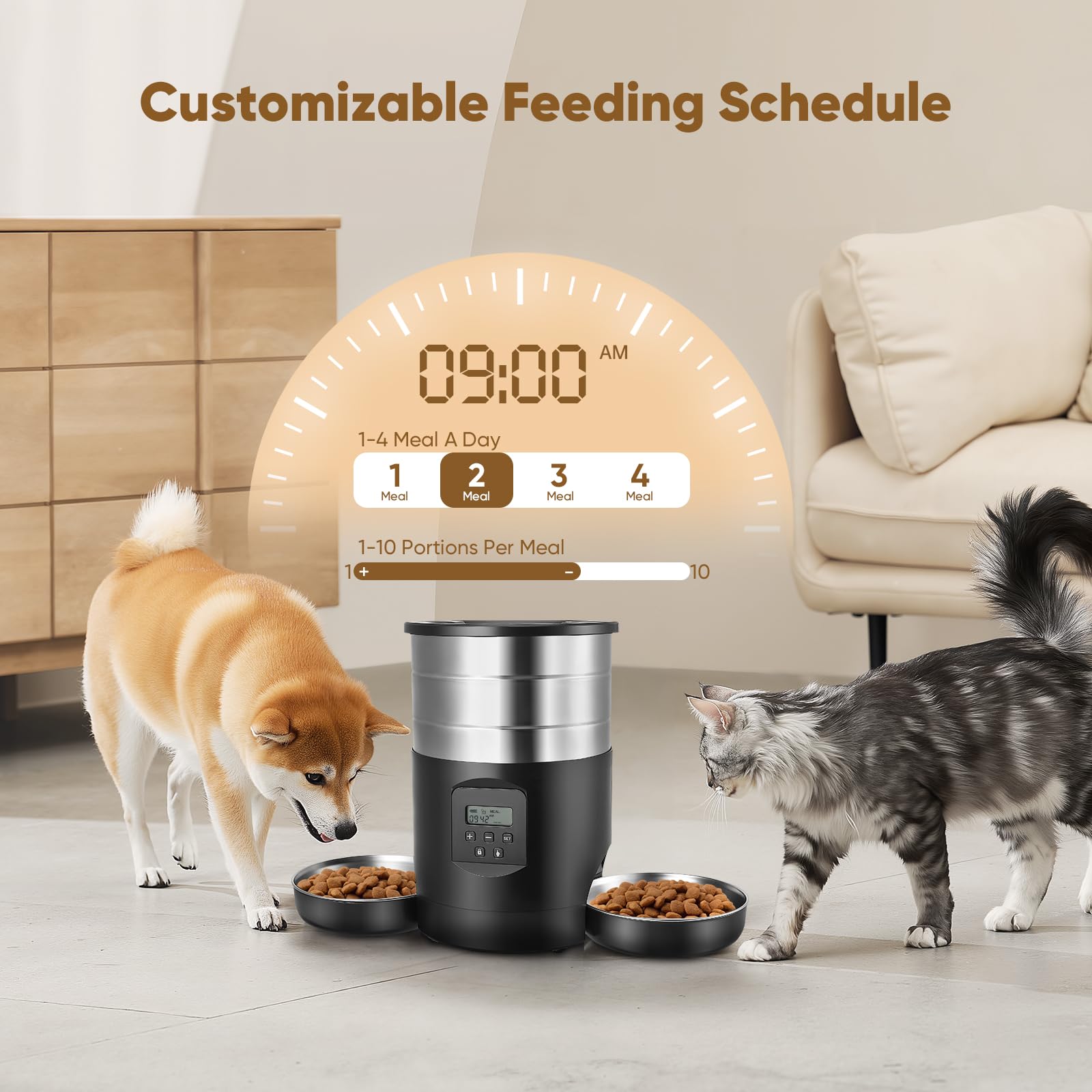 Comedero Automático Gatos 5L con 2 Cuencos, WiFi 2.4G & App Temporizador, Dobles Cuencos Interior Comedero Inteligente, Alimentación Doble con Control de Botones