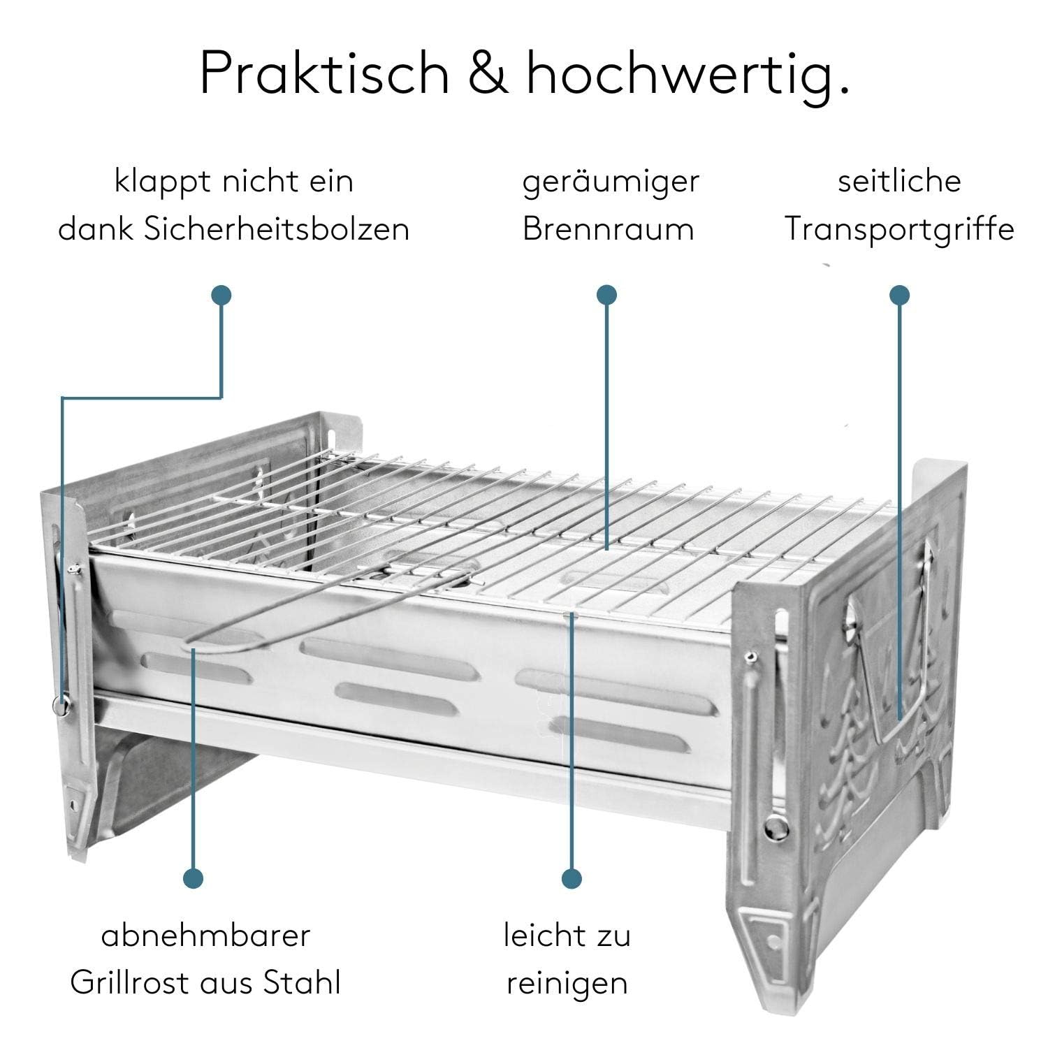 VENTON Grill kempingowy 26,8 x 40,2 x 19,8 cm (dł. x szer. x wys.), składany i mobilny mini grill, praktyczny grill podróżny ze zdejmowanym rusztem, stabilny składany grill ze stali nierdzewnej, przenośny grill outdoorowy