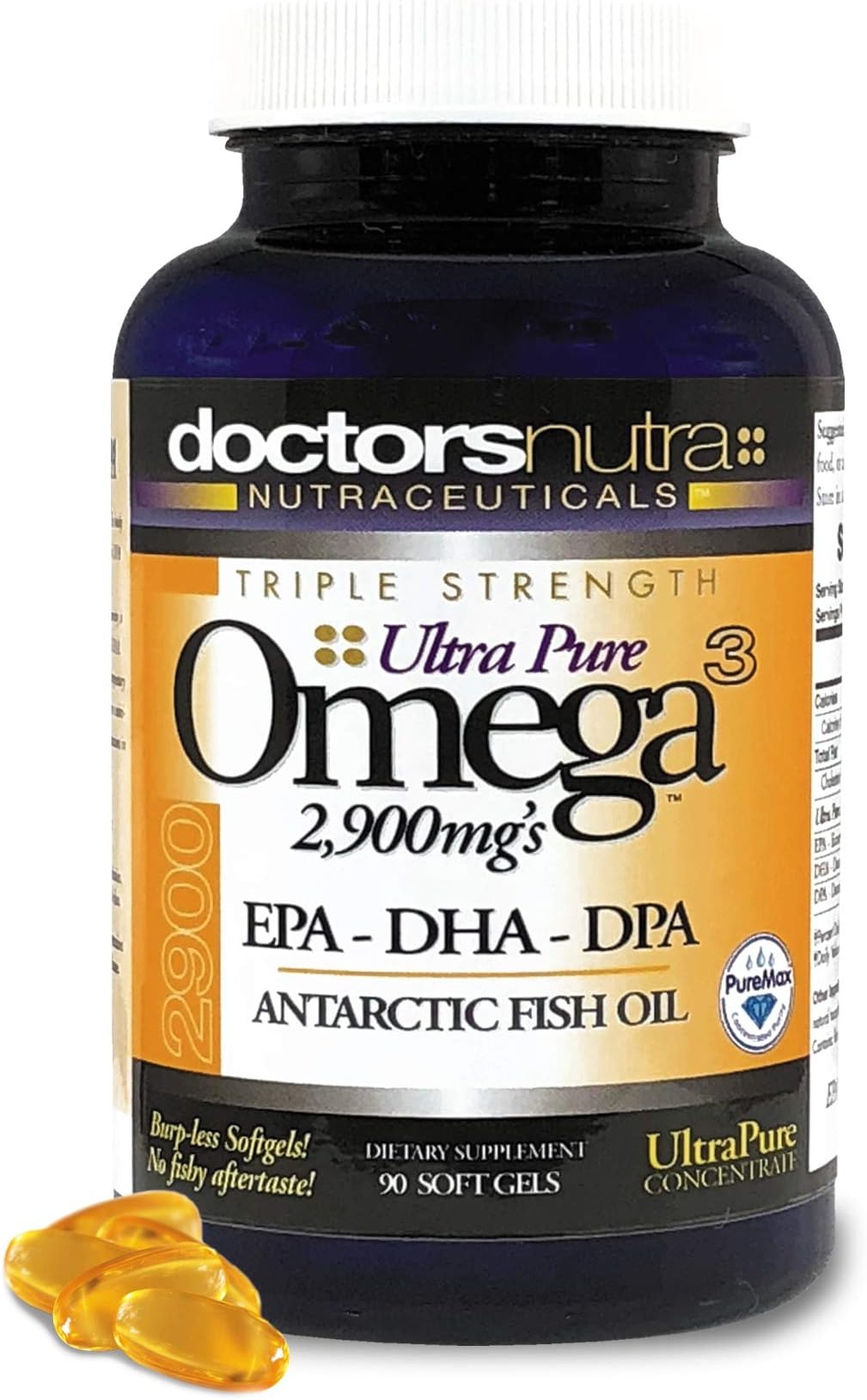 Natural Wild Fish Oil by Doctors Nutra Nutraceuticals - Sustainable Omega 3 DPA-EPA-DHA Oil 2,900 Milligram Supplement - Maximum Strength Ultra Pure Concentrate - 90 Burp-Less Soft-Gels