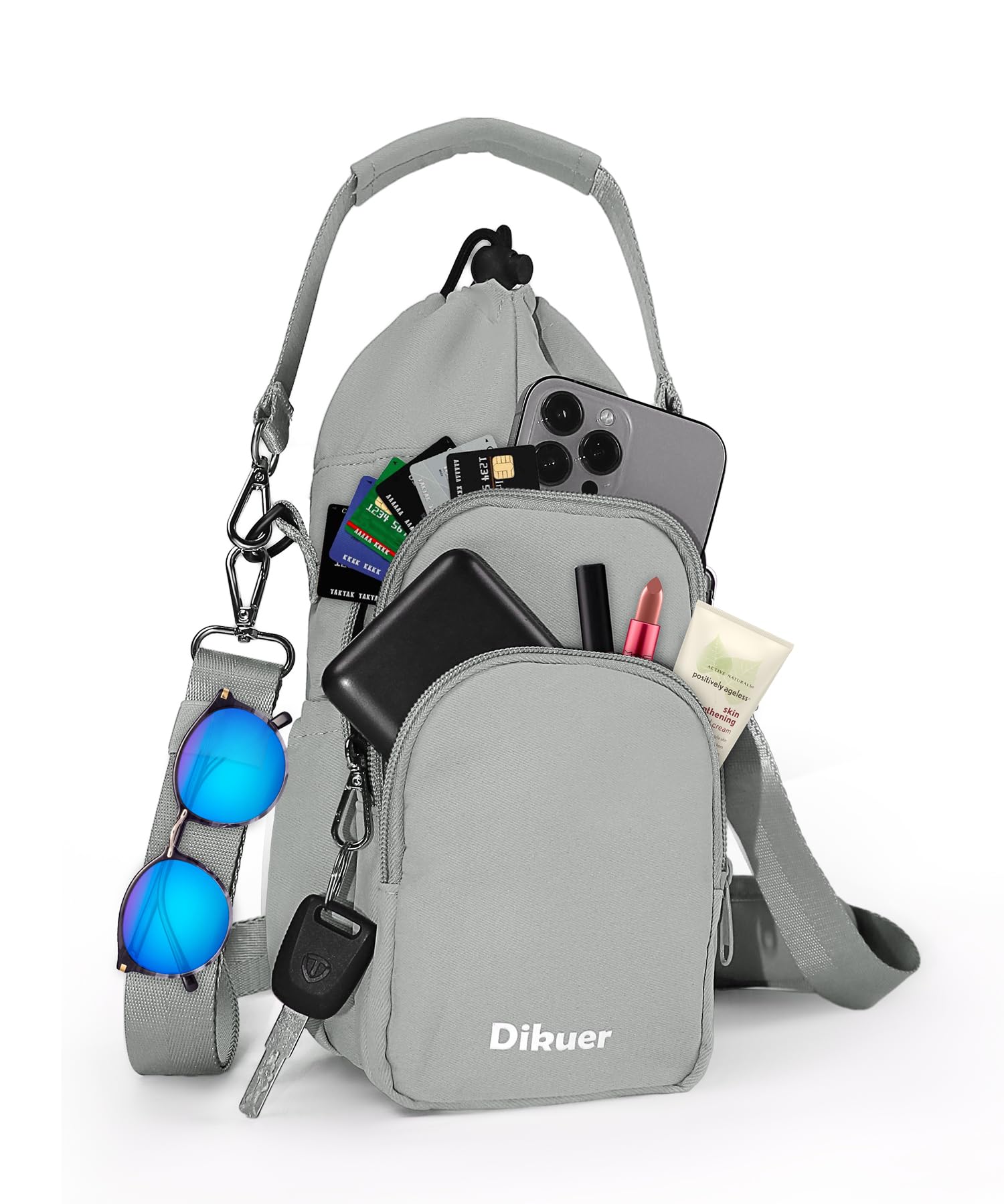 Dikuer Water Bottle Holder with Strap, 4 Big Pockets with Compartment, 24oz/32oz/40oz Crossbody Water Bottle Carrier Bag