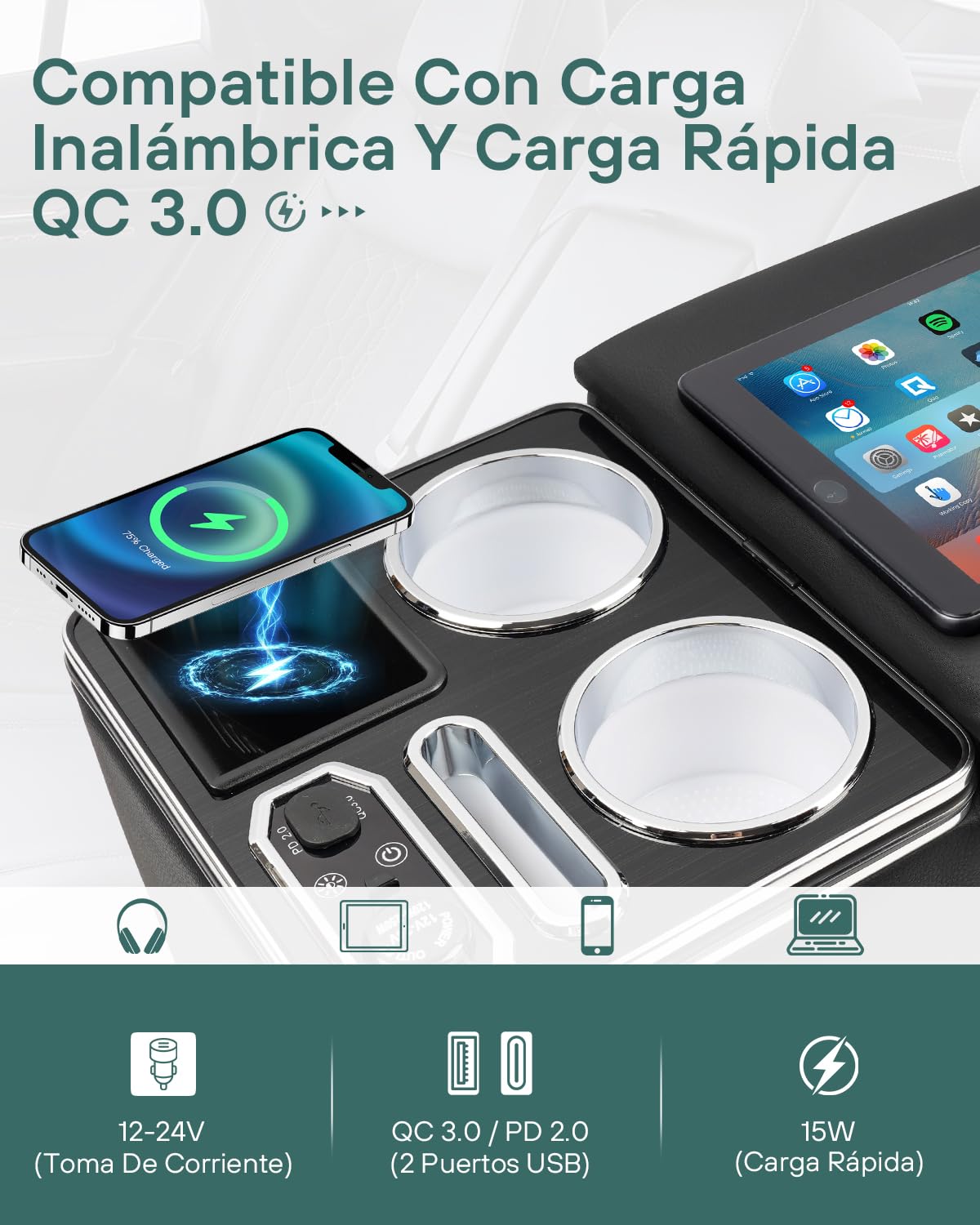 Consola Central Coche Universal con Compartimentos de Almacenamiento, Carga Inalámbrica y Luces LED de 7 Colores, para Van, SUV, Camión, Autobús y Coches de más de 4.7 m
