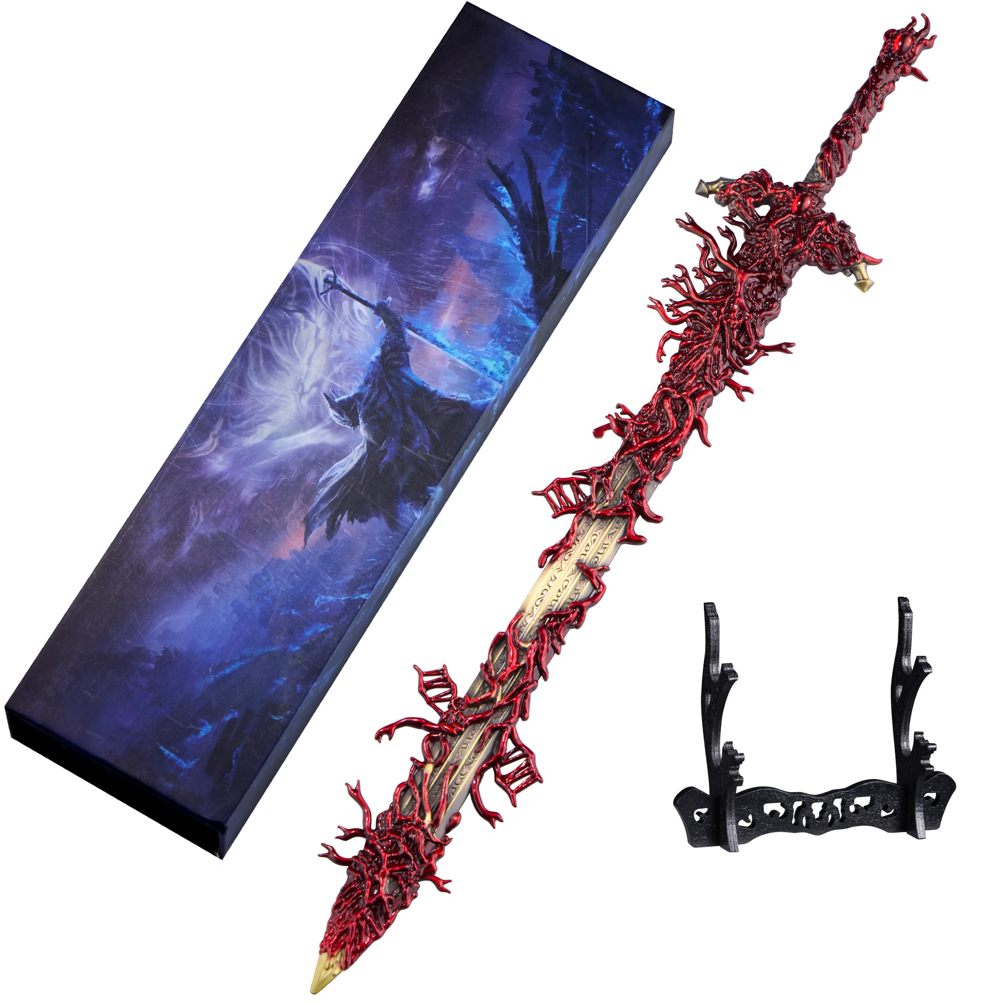 RACEROCKET Réplique Épée Dark Moon Greatsword 11,8″ – Elden Ring DLC – Métal Avec Présentoir – Collectionneur – Décoration Ou Ouvre-lettres
