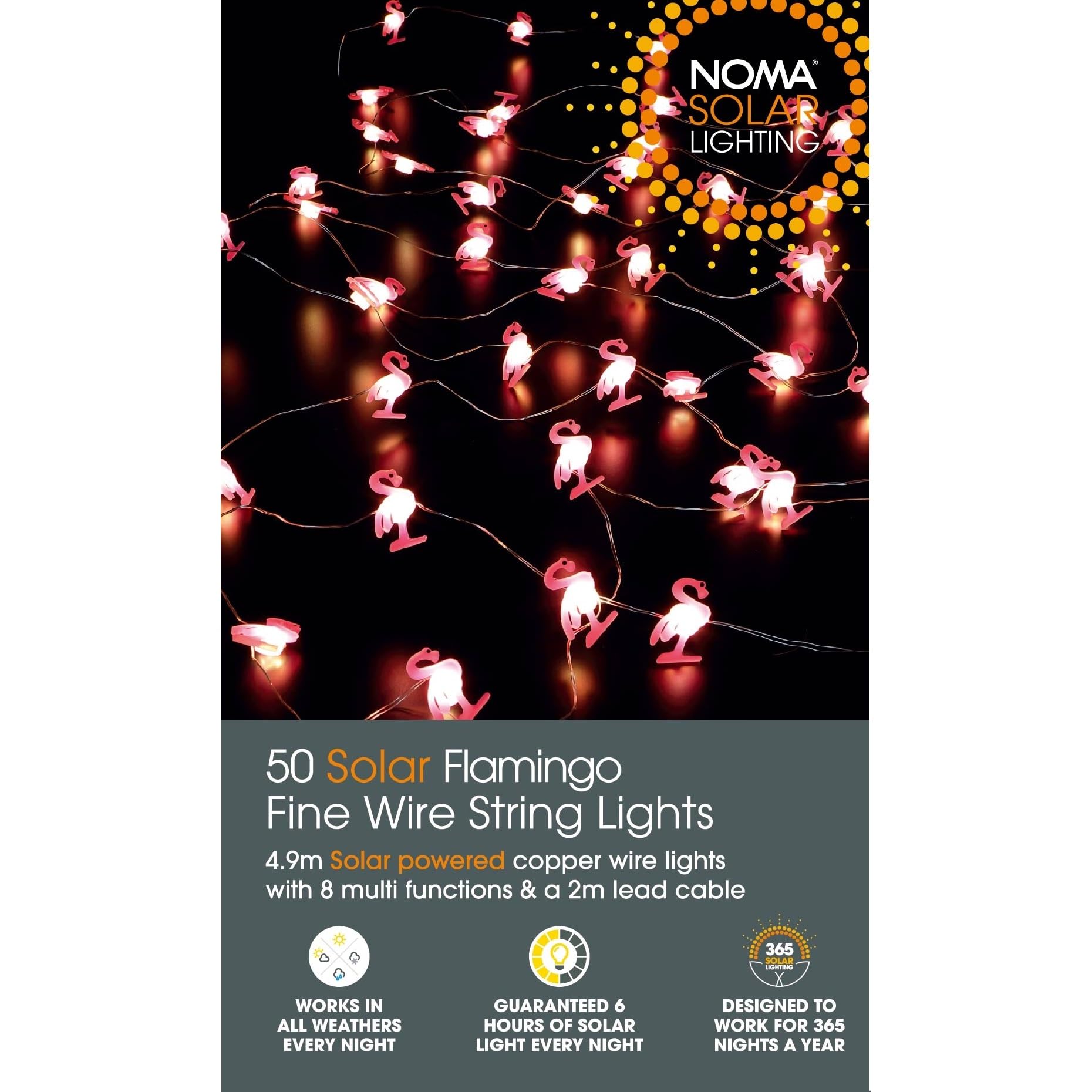 Noma Solar Flamingo Fine Wire String Lights, 50 LED's, 4.9 m