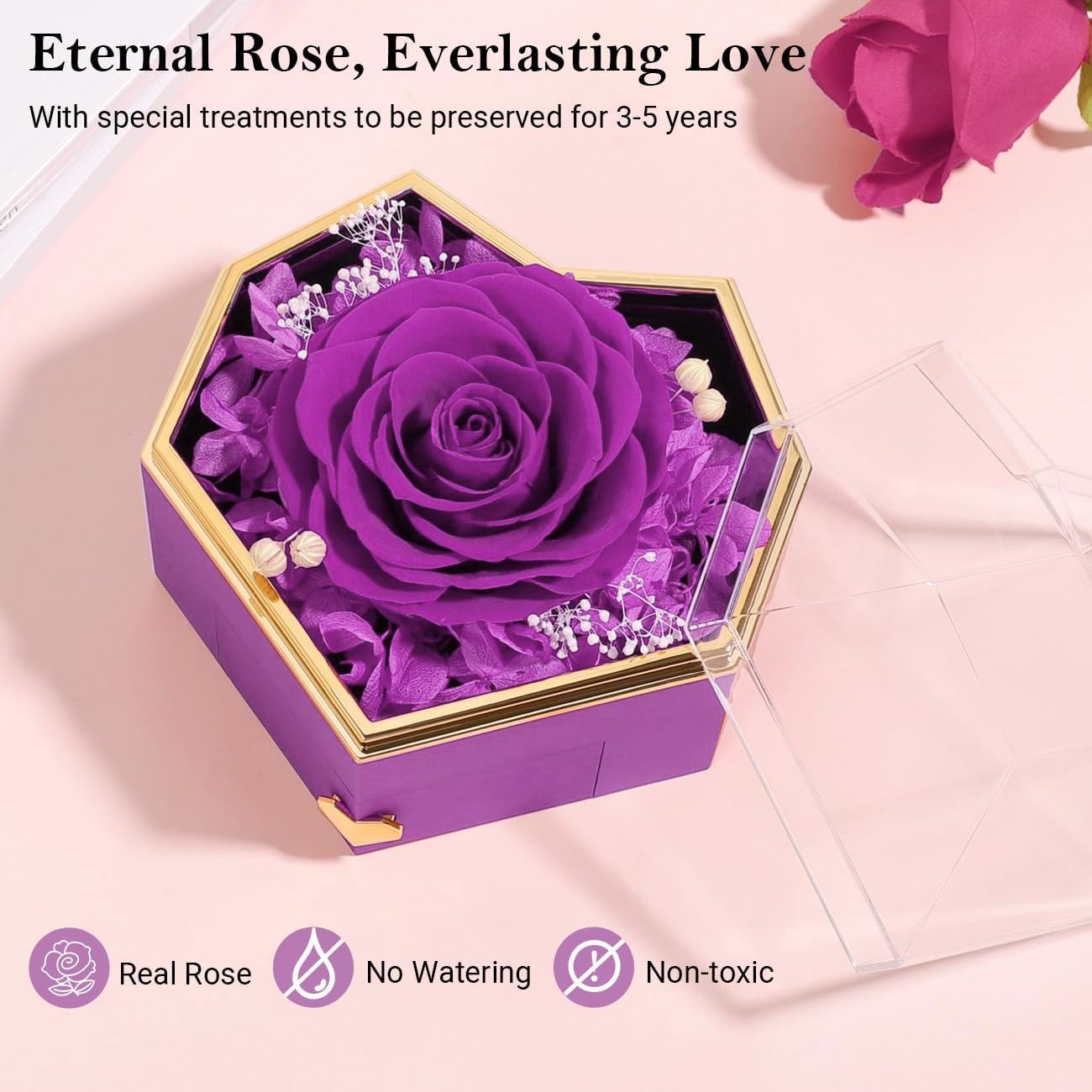 Emibele Preserved Real Purple Rose Heart Shaped Box with I Love You Necklace100 Languages and Heart Shaped Jewelry Tray Dish, for Mom Women Wife
