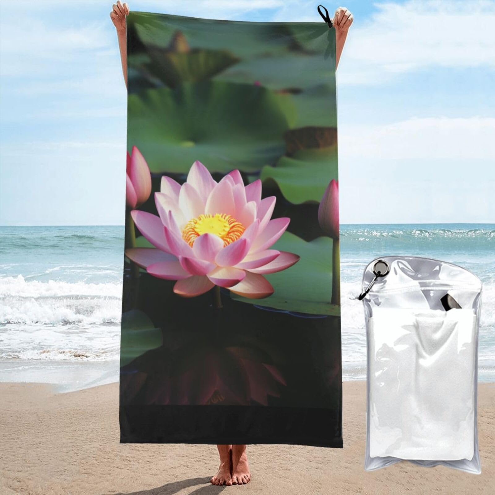 BWWHCCTI Beautiful Lotus Flower Printed Microfiber Quick Dry Beach Towel 80x160 CM, Fast Drying Bath Towels with Bags for Travel,Camping,Gym,Beach,Swimming,Yoga