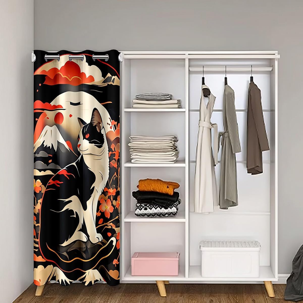 Feelyou Kawaii Cat Anime Doorway Curtain Privacy 1 Panel, 52"x80" Japanese Retro Funny Cat Door Cover Curtain Japanese Style 30%-50% Room Darkening Blackout Curtain Japanese Wave Sakura Flower Floral