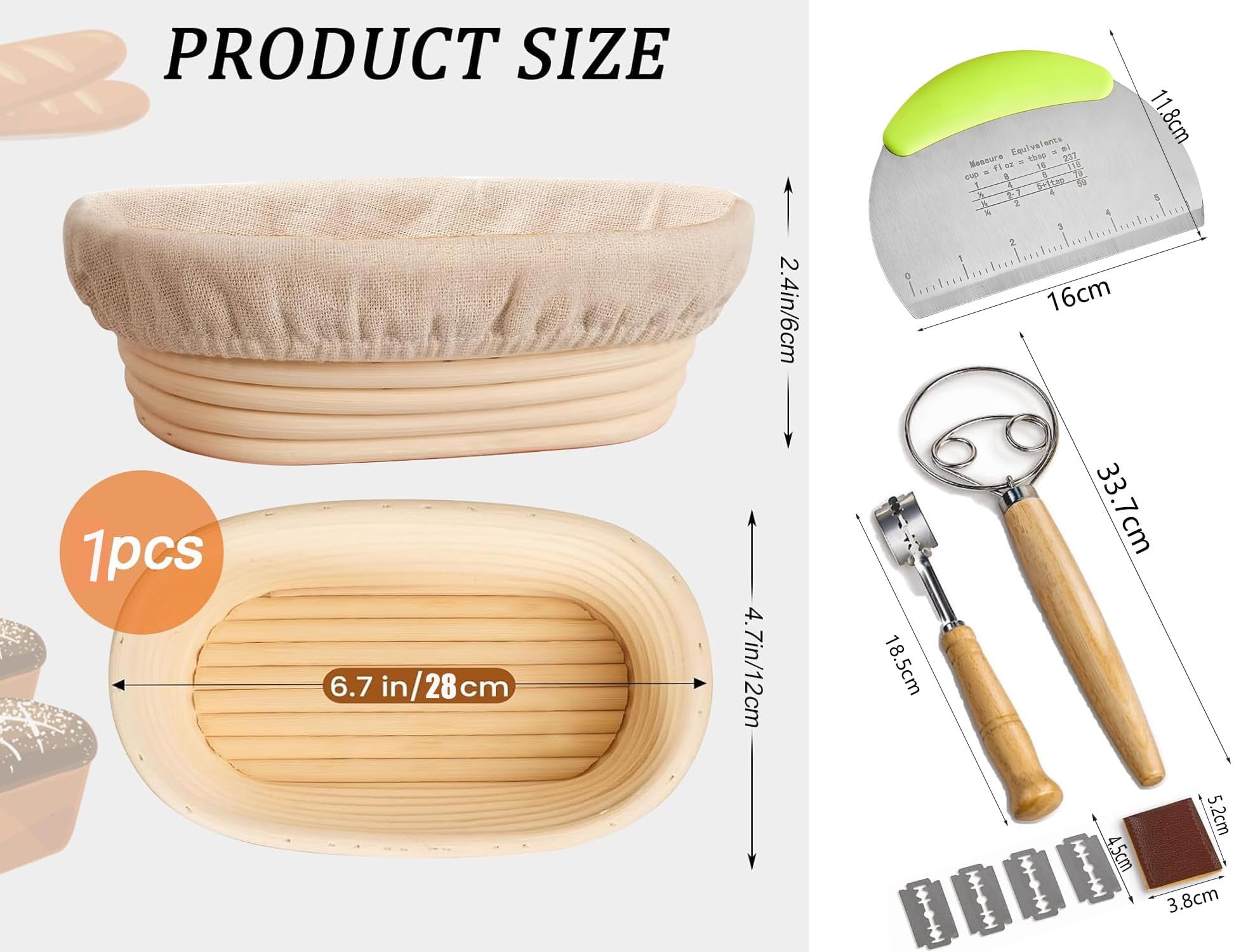 Sauerteig Starter Set,9-teilig Gärkorb Brot,Gärkörbchen oval 28cm|Rattan Gärungskorb für 100% natürlichem indonesischen Rattan,Brotbacken Startver Set Großes Geschenk für Anfänger,Erfahrener Bäcker