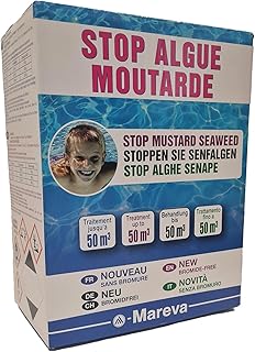 MAREVA - Traitement Anti-algues Moutarde – Élimine Rapidement Les algues Moutarde résistantes – Compatible Tous revêtements – Bouteille Pratique – 1 L Jaune