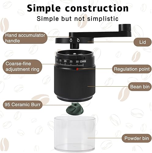 Miniatura 5 de Molinillo de café pequeño  95 rebabas de cerámica, ajustable grueso a fino, granos de 1.06 oz y 2.7 fl oz de polvo, mango desmontable para expreso,