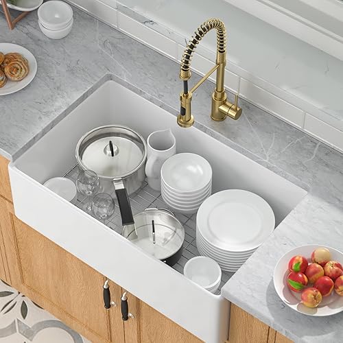 Miniatura 3 de Mocoloo Fregadero de cocina de granja blanco 33  Fregadero plano de estilo rústico de 33 x 20 x 10 pulgadas, fregadero plano de estilo rústico