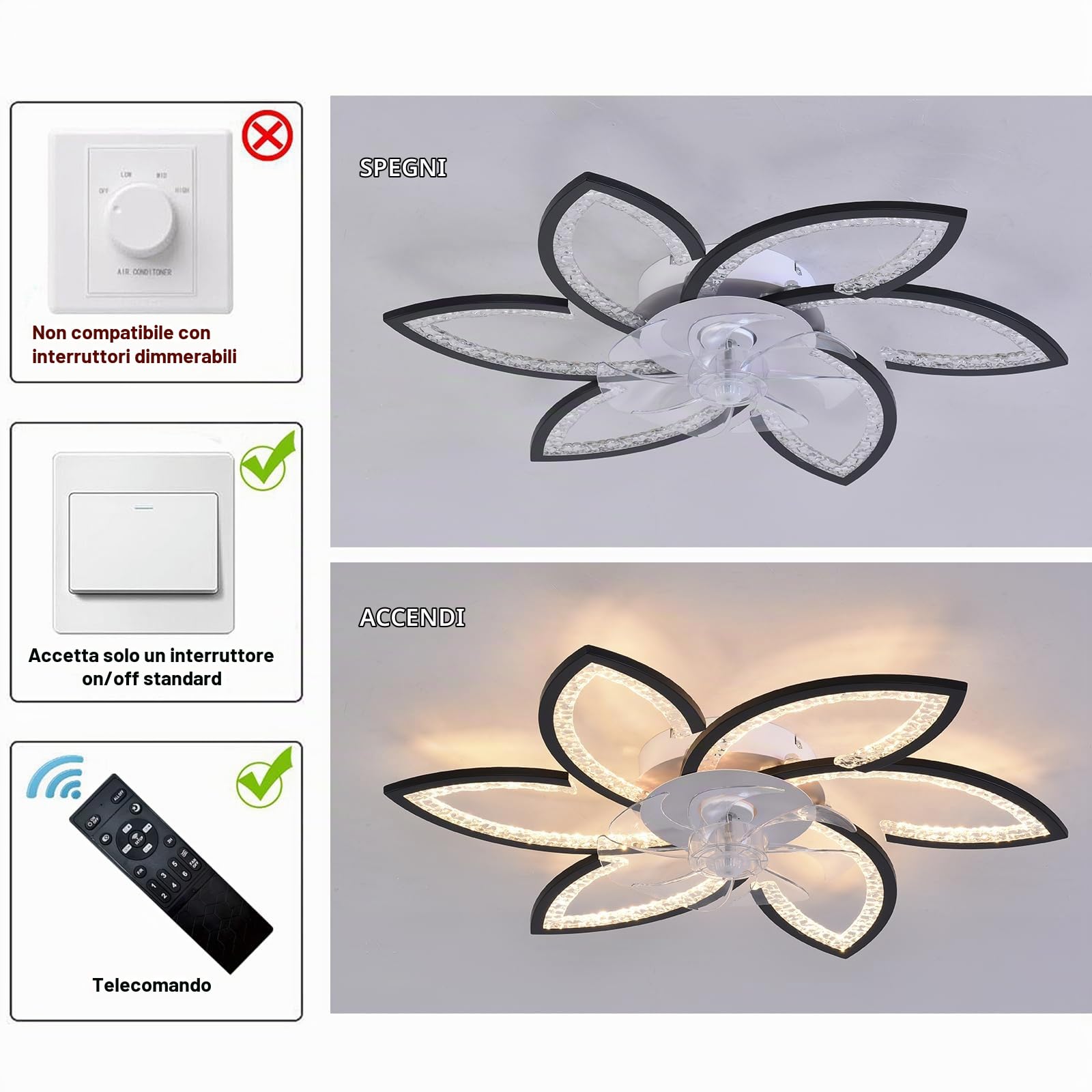 Ventilatore da Soffitto con Luce LED e Telecomando, 78 cm | Moderno Lampadario LED Dimmerabile Nero, 6 Velocità, Motore DC Silenzioso Reversibile, Timer per Camera e Soggiorno