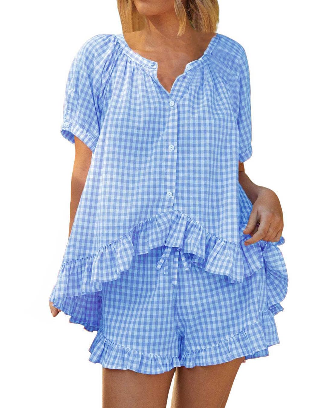codcm Womens 2 Piece Ruffle Pajama Set Gingham Pjs Short Sleeve Babydoll Shirt and Shorts Plaid Summer Outfits