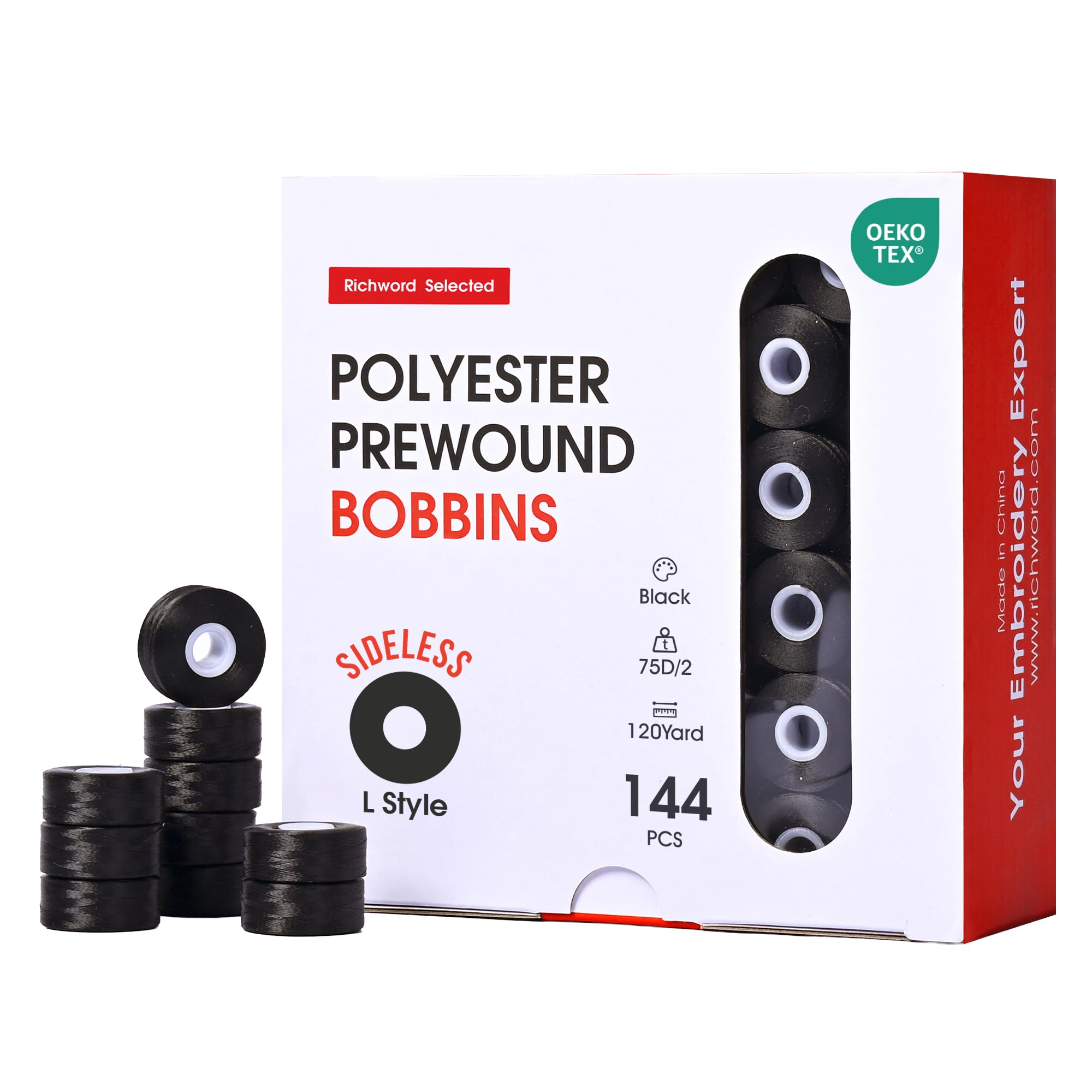 Poolin Prewound Bobbins, Richword Selected Black SideLess 144pcs Size L(SA155), 75D/2(60WT) Polyester Bobbin Thread for Commercial Multi Needles Embroidery Machine, 120 Yards