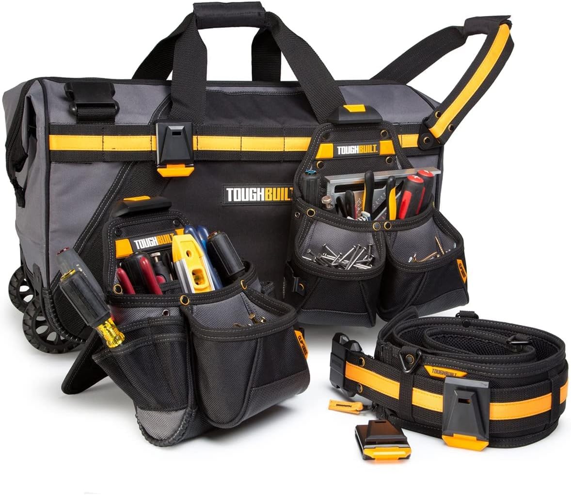 ToughBuilt - 24 Rolling Bag & Belt Combo - Includes 24 In ClipTech Rolling Contractor Bag, Carpenter and Builder Pouches - (TB-CT-170-24R-8B)