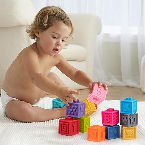 Miniatura 9 de Amy&Benton Bloque apilable de goma suave para bebés de 1 año de edad, bloques de construcción de silicona para 6, 12 y 18 meses, bloques de