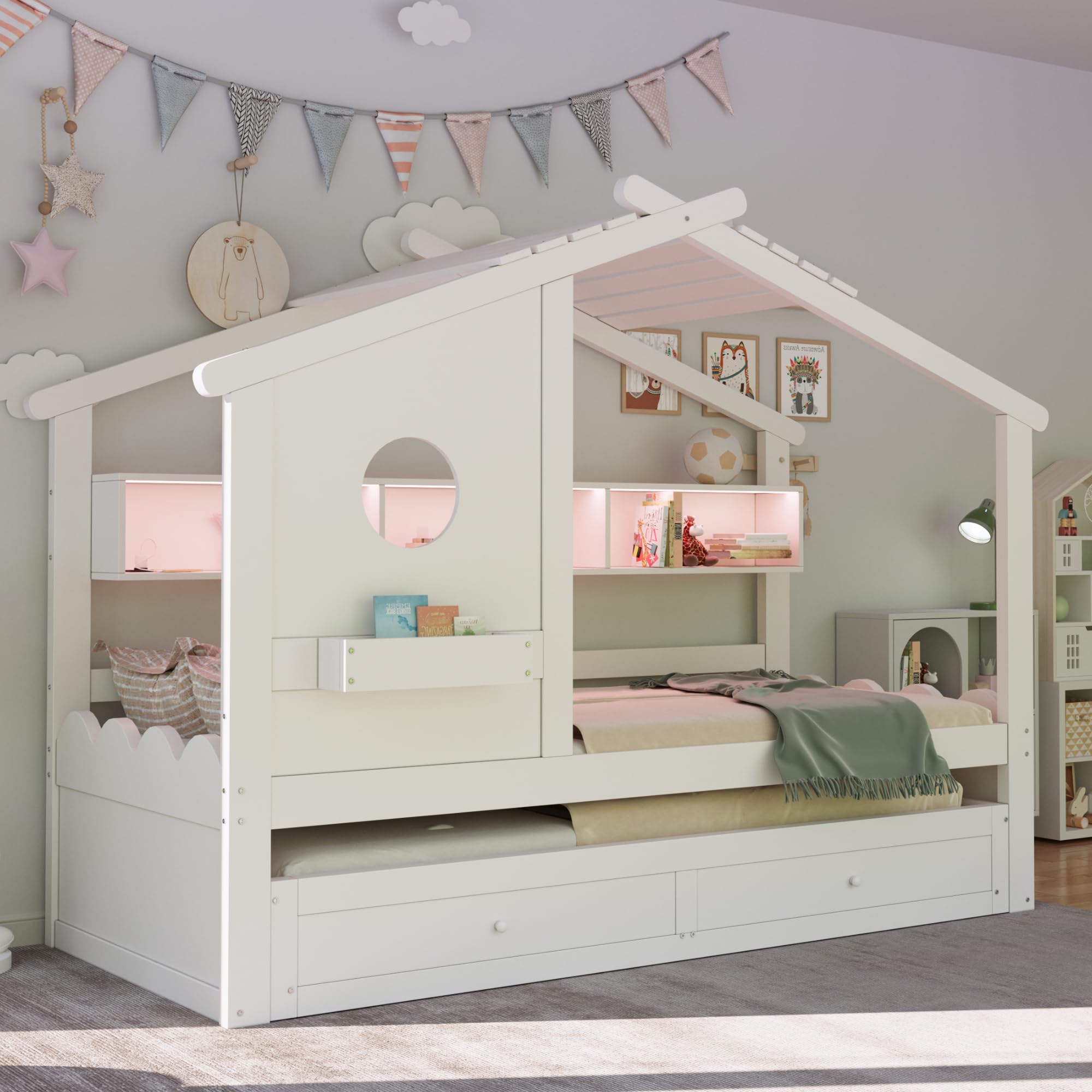 Lit Enfant 90x200cm avec Port USB et lumière LED,Conception de Maison,Lit d'enfant Multifonctionnel avec lit gigogne 90x190cm,avec 2 tiroirs et étagère de Rangement,Blanc (Matelas Non Inclus)