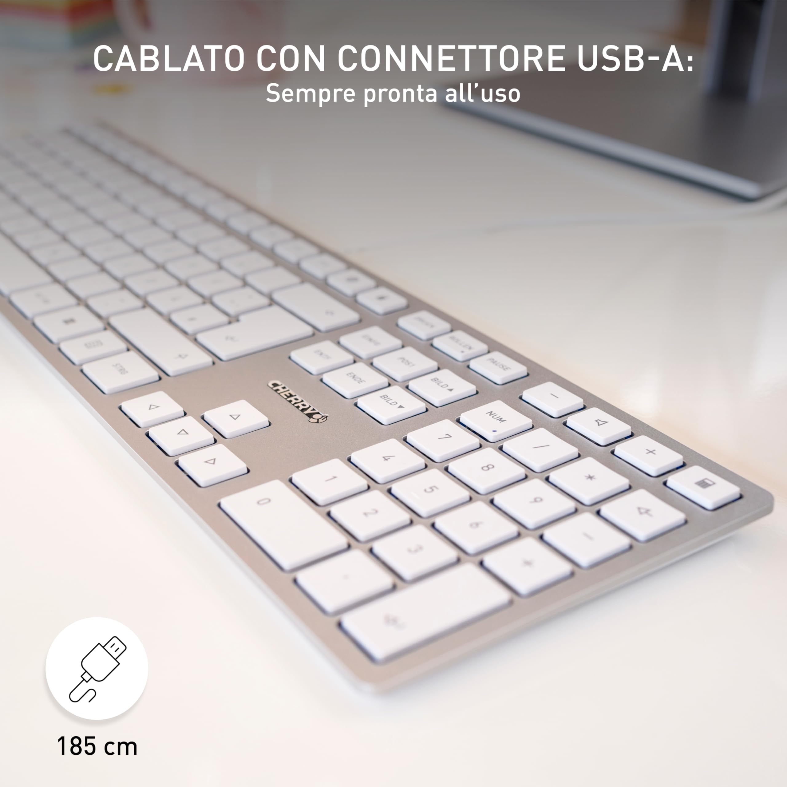CHERRY KC 6000 SLIM, Tastiera di design Ultrapiatta, per la Germania QWERTZ, Con Filo Porta USB-A, Tasti Silenziosi, Scritte a lunga Durata, Argento, Tedesco - QWERTZ