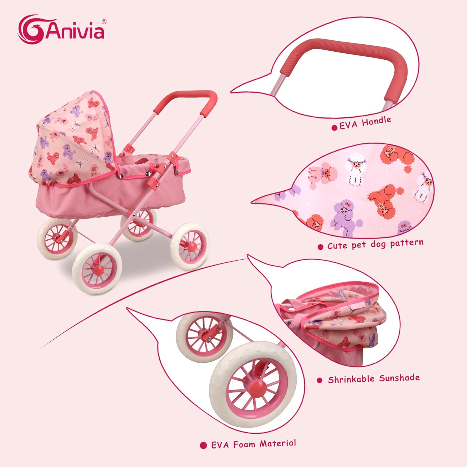 ANIVIA Baby Doll Stroller Toy Carriage for Kids Doll Pushchair, 2 in 1 Stroller Dolls Pushchair Pram Toys Gift for Kids, Suitable Dolls Up to 18 inch