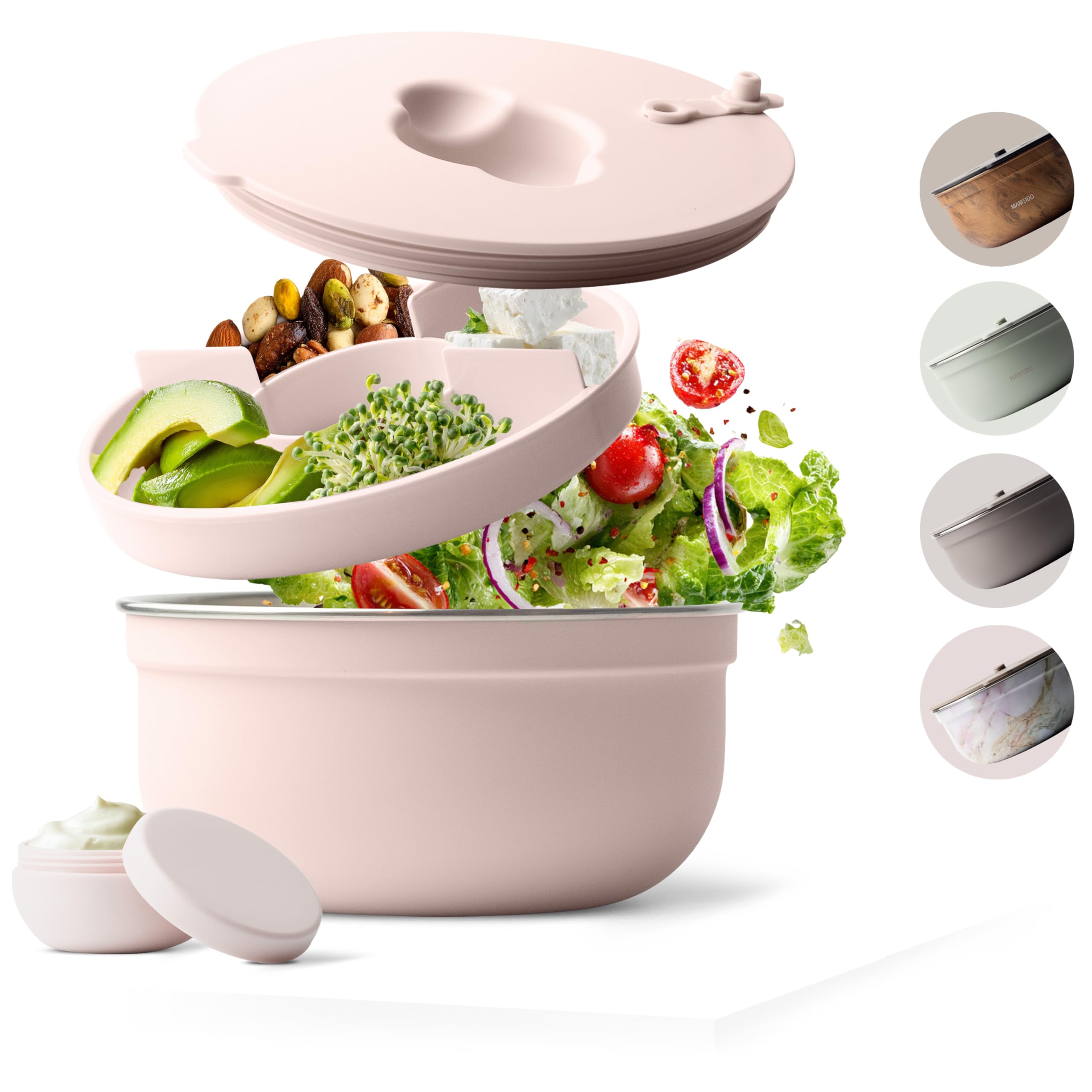 MAMEIDO Insalatiera per il viaggio 1,5 l, Lunchbox in acciaio inox, Bento Box senza BPA Porta Pranzo con scomparti e contenitore per condimenti a prova di perdite Meal Prep (Blush Kissed)